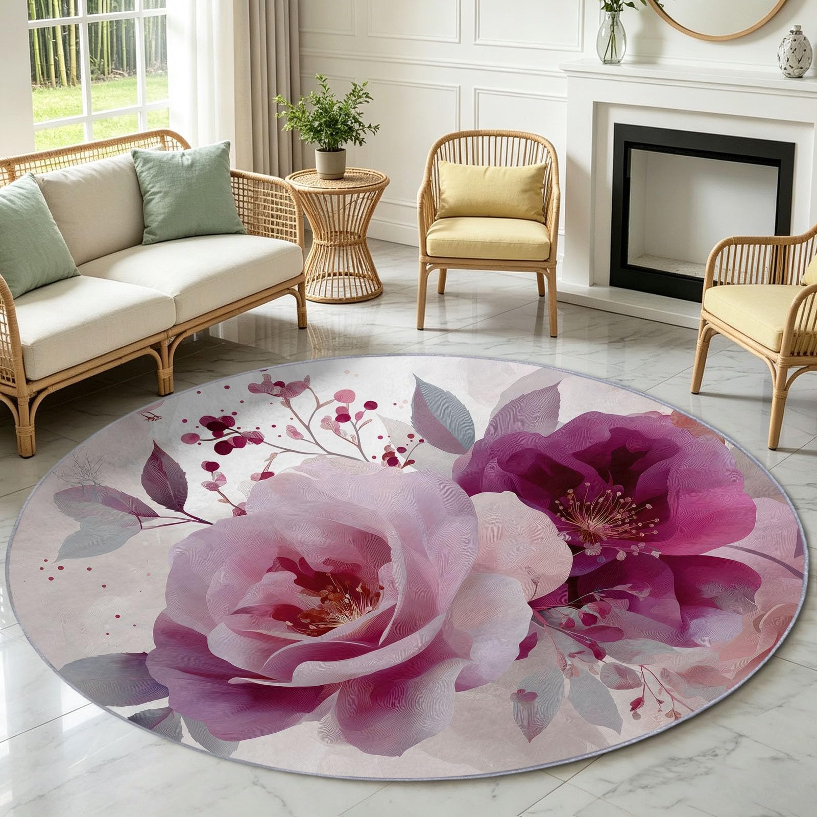 Generisch Kurzflor Teppich Rund 180 cm Waschbarer Aquarell Blumen Sofa Couchtisch Teppiche, Pfingstrosen Zweige Dekorative Wohnzimmer Schlafzimmer Teppich Anti-Rutsch Unterseite für Esszimmer Weiß