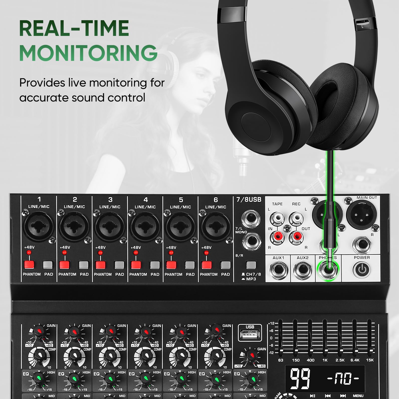 Audio-Mixer, 8-K-Sound-Mixer-Konsole, professionelles Musik-Mischpult, DJ-Mixer mit 99 DSP, 7-Band-EQ, USB, Bluetooth, 48 V Phantomspeisung & PAD-Funktion für Aufnahme von