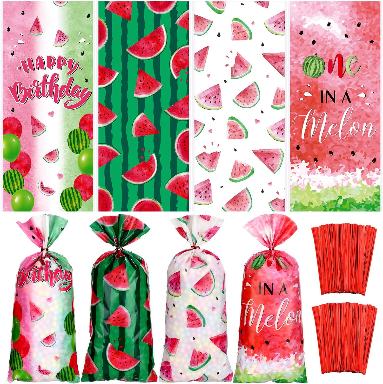 120 Pieces Cellophane Bags Watermelon Treat Bags Cellophane Treat Bags with Ties Watermelon Theme Party Favor Bags Cello Plastic Candy Bag for Gift Giving Party Supplies