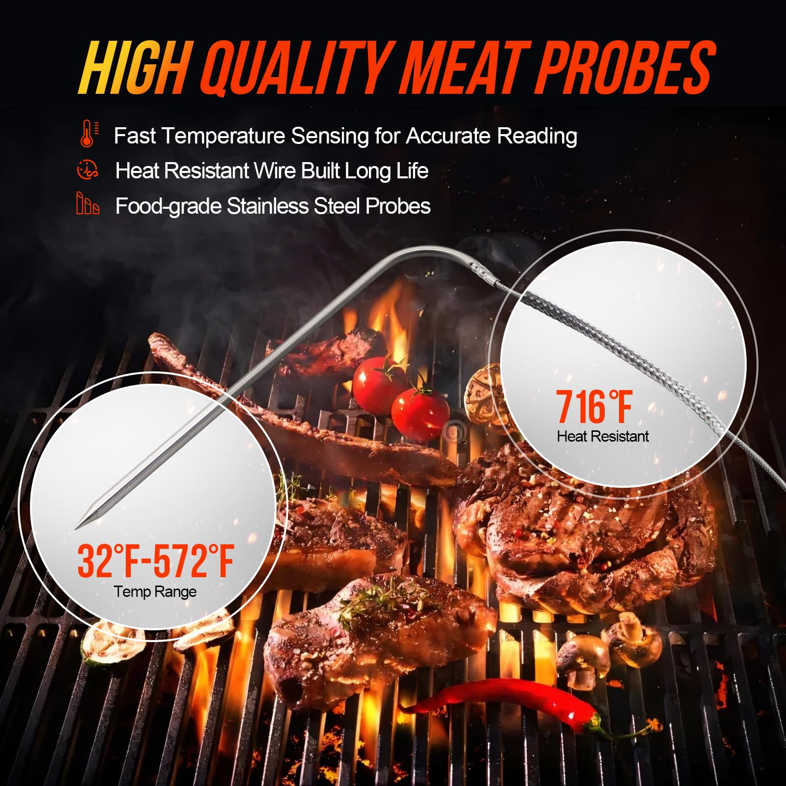 Fleisch-Temperatursonden-Ersatz für Pit Boss Pellet-Grills und Smoker, 3,5 mm Stecker-Thermometer, Sonden mit 4 Fleischsonden-Organizer, magnetische Thermometer, Sonde, Spule und Sonden-Clips, 4 Stück