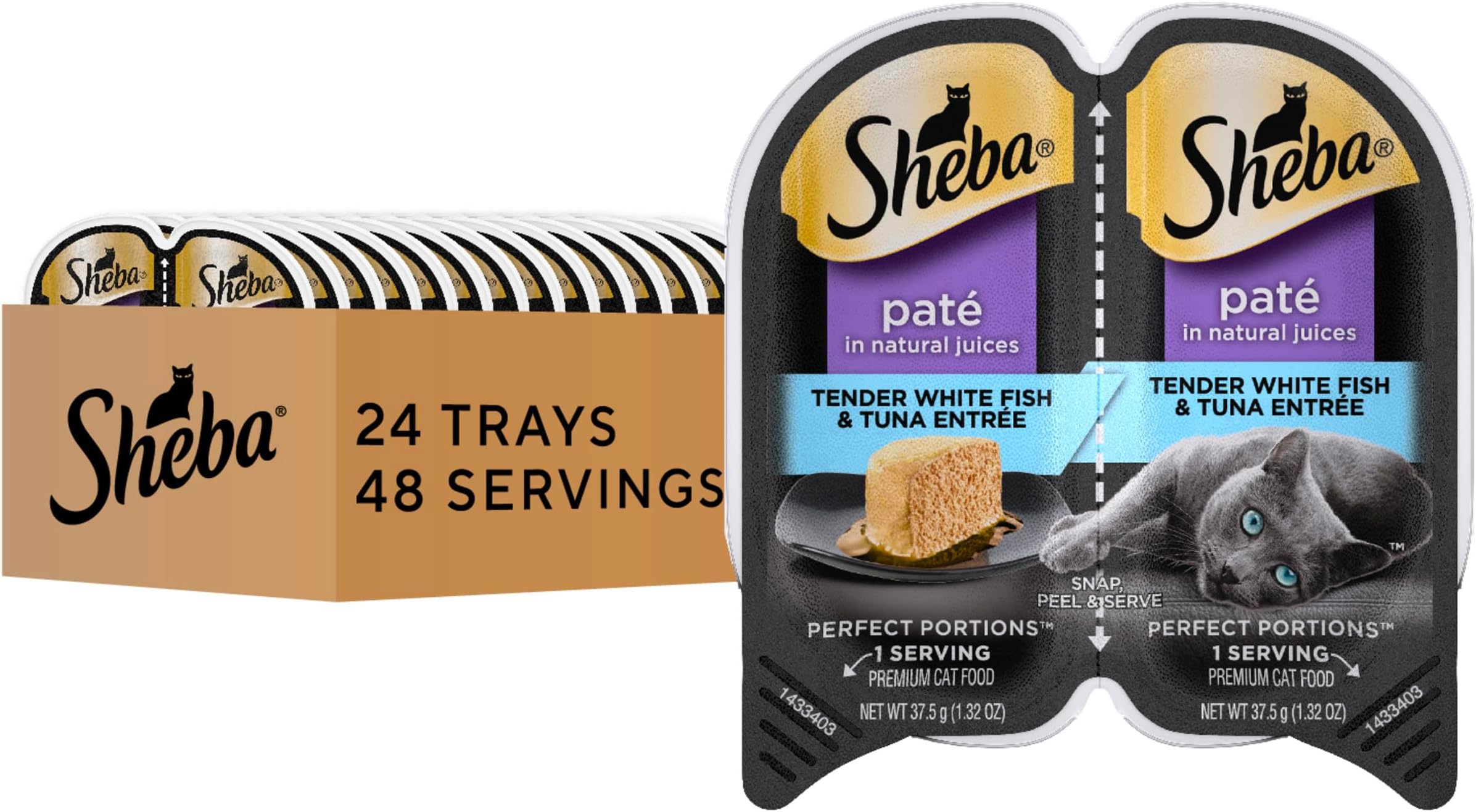 Perfect Portions Wet Cat Food Pate White Fish & Tuna Entree, 2.6 oz. Twin-Pack Trays, Cat Food Wet Recipe (24 Count, 48 Servings)