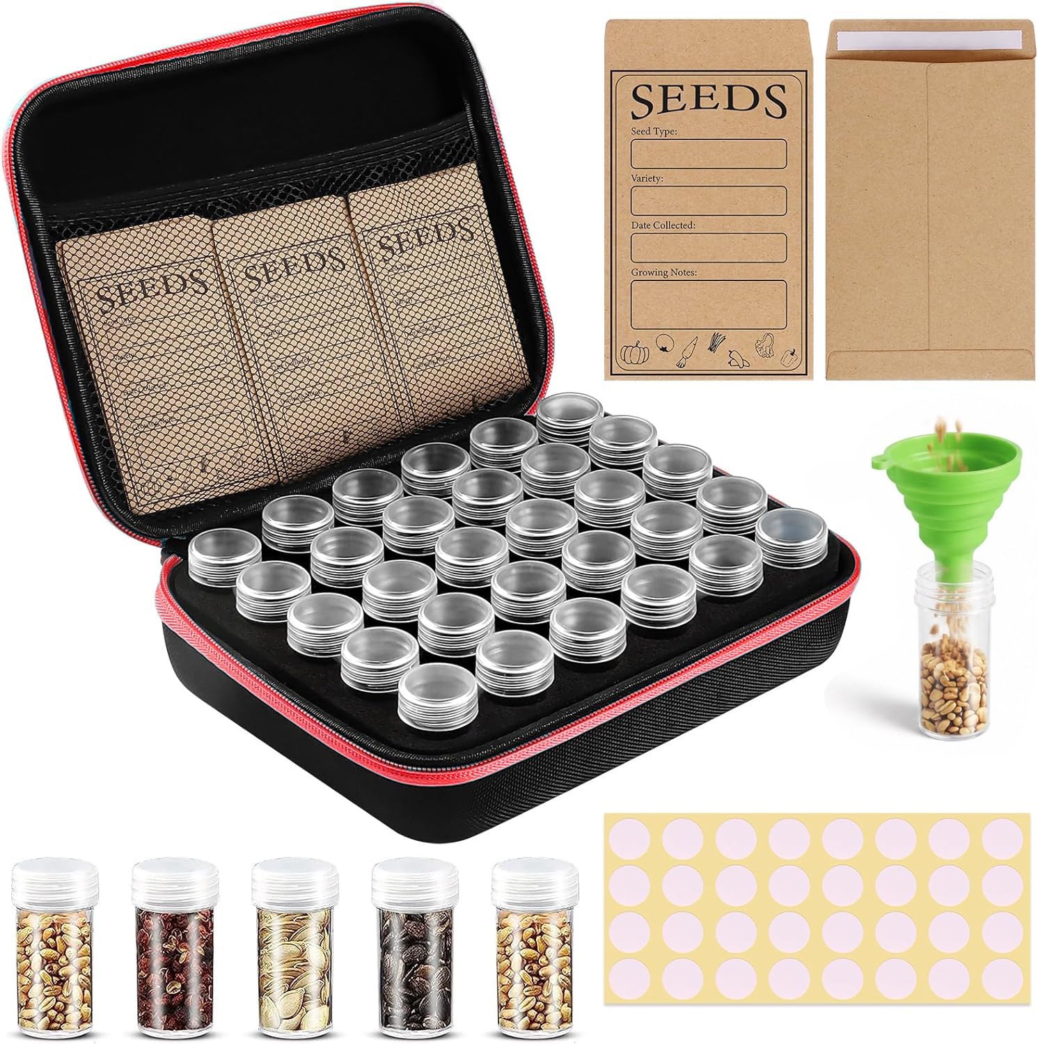Rigute Red 30 Slots Seed Storage Box, Seed Organiser, Seed Storage Organiser With Labels Stickers And Funnel For Herb Seeds, Vegetable Seeds, Drop-Resistant, Sun Protection