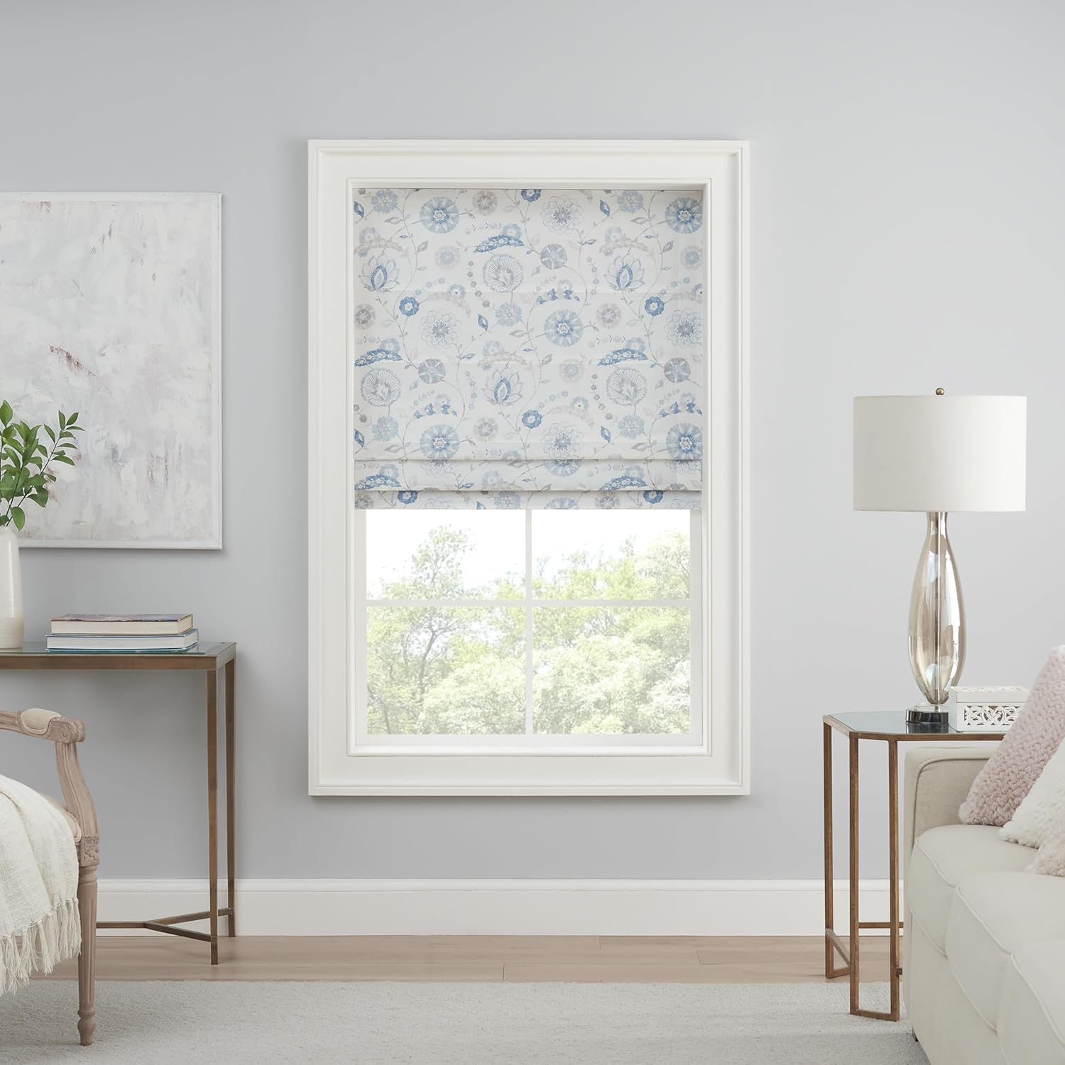 Waverly Annisa Jacobean Floral 100% Blackout Roman Shade, Cordless and Noise Reducing Window Shade for Privacy, Thermal Window Treatments for Energy Saving Benefits, 35 in Wide x 64 in Long, Blue Waverly Blue 35"W x 64"H