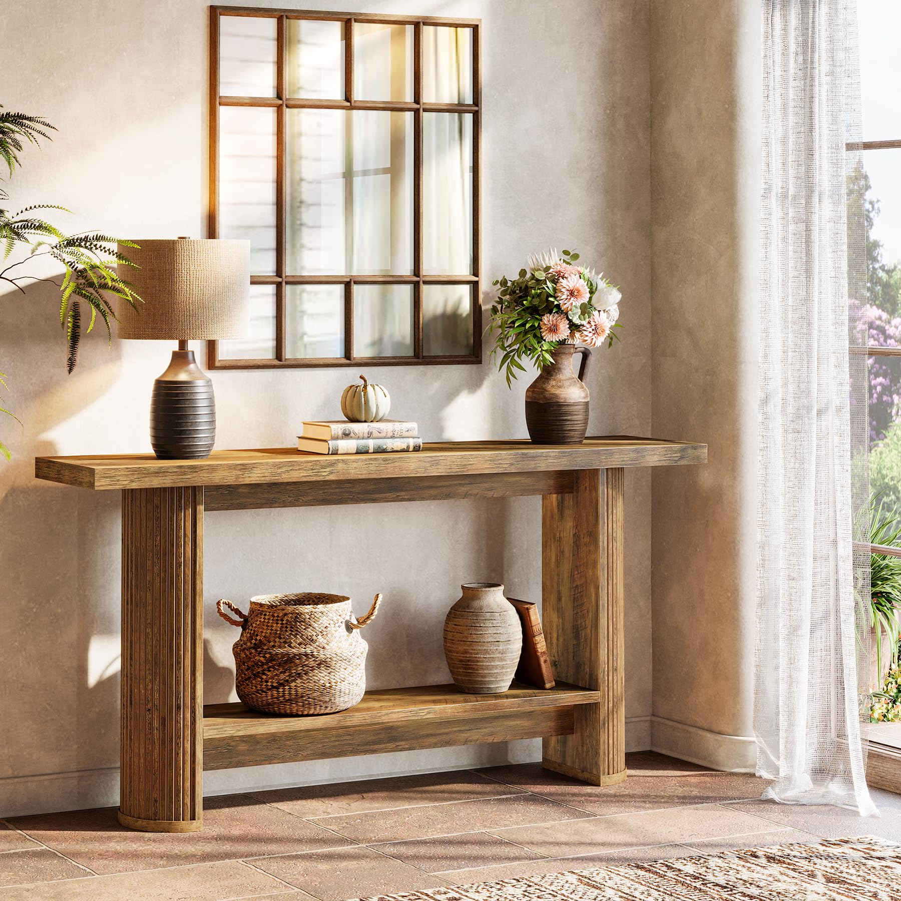 Tribesigns Mesa de Consola, Mesa de Entrada Moderna de 140 cm, Consola Recibidor Angosta para Sofá, Consola Madera con 2 Estantes para Pasillos, Entrada o Sala, Marrón