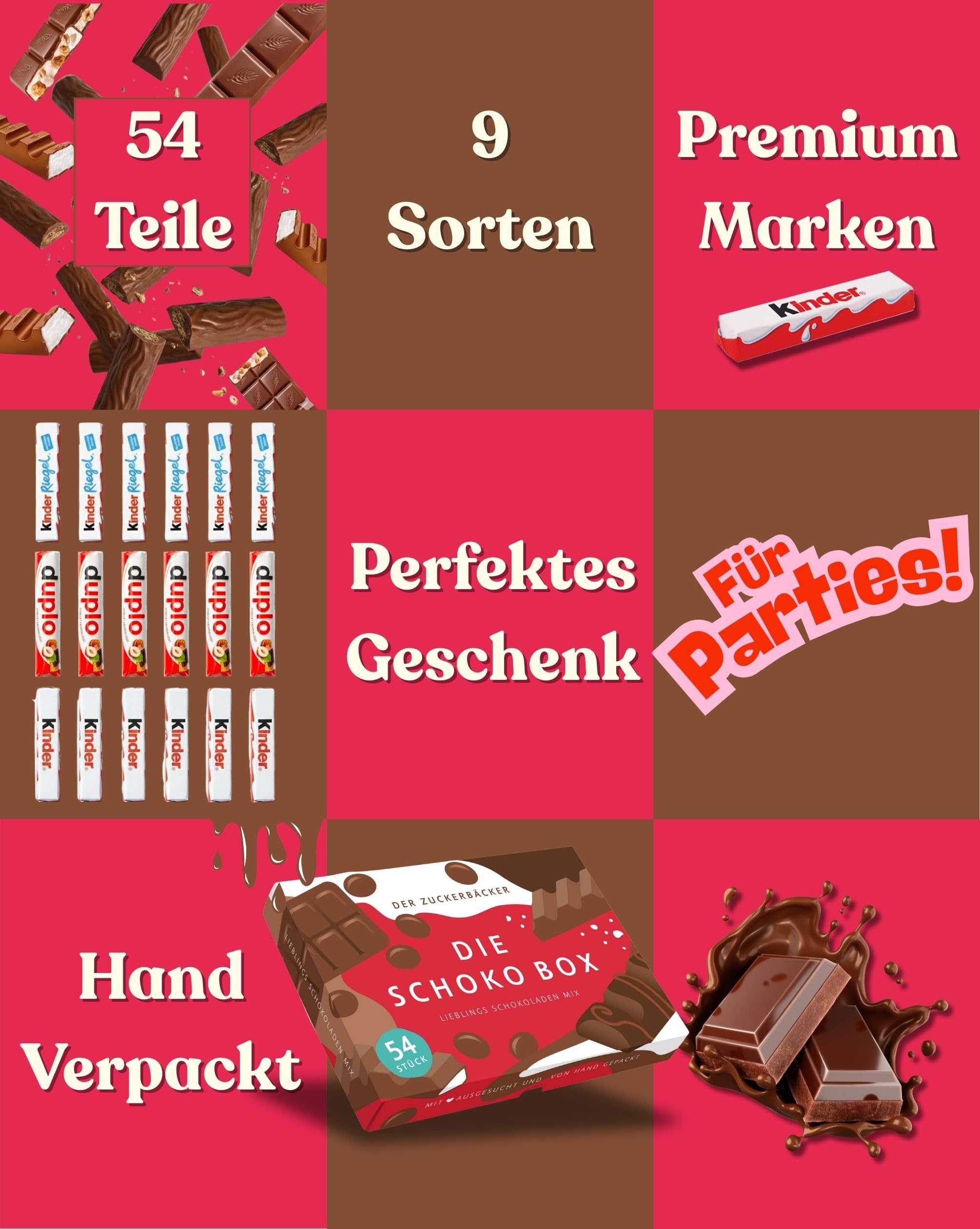 Süßigkeiten Box mit Kinderschokolade - Genussmomente von Der Zuckerbäcker, Premium Schokoladen Mix mit Bueno, Kinder Schokolade und Kinder Country, 54 Teile als Geschenk für Party und Geburtstag