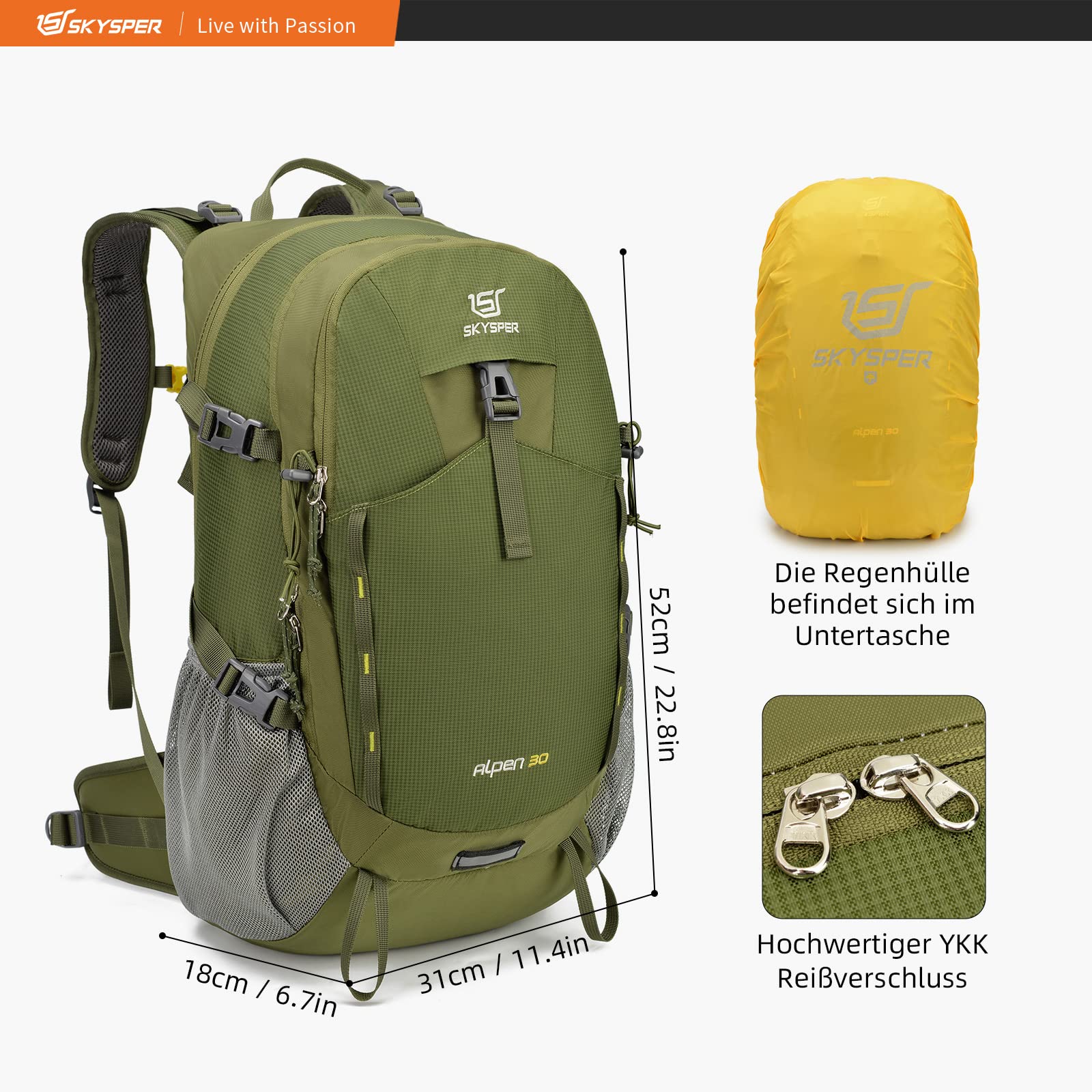 SKYSPER Zaino da Hiking Professionale 30L, Zaino da Trekking Impermeabile con Copri Pioggia Zaino con Ventilazione Posteriore per Escursioni Viaggi Campeggio