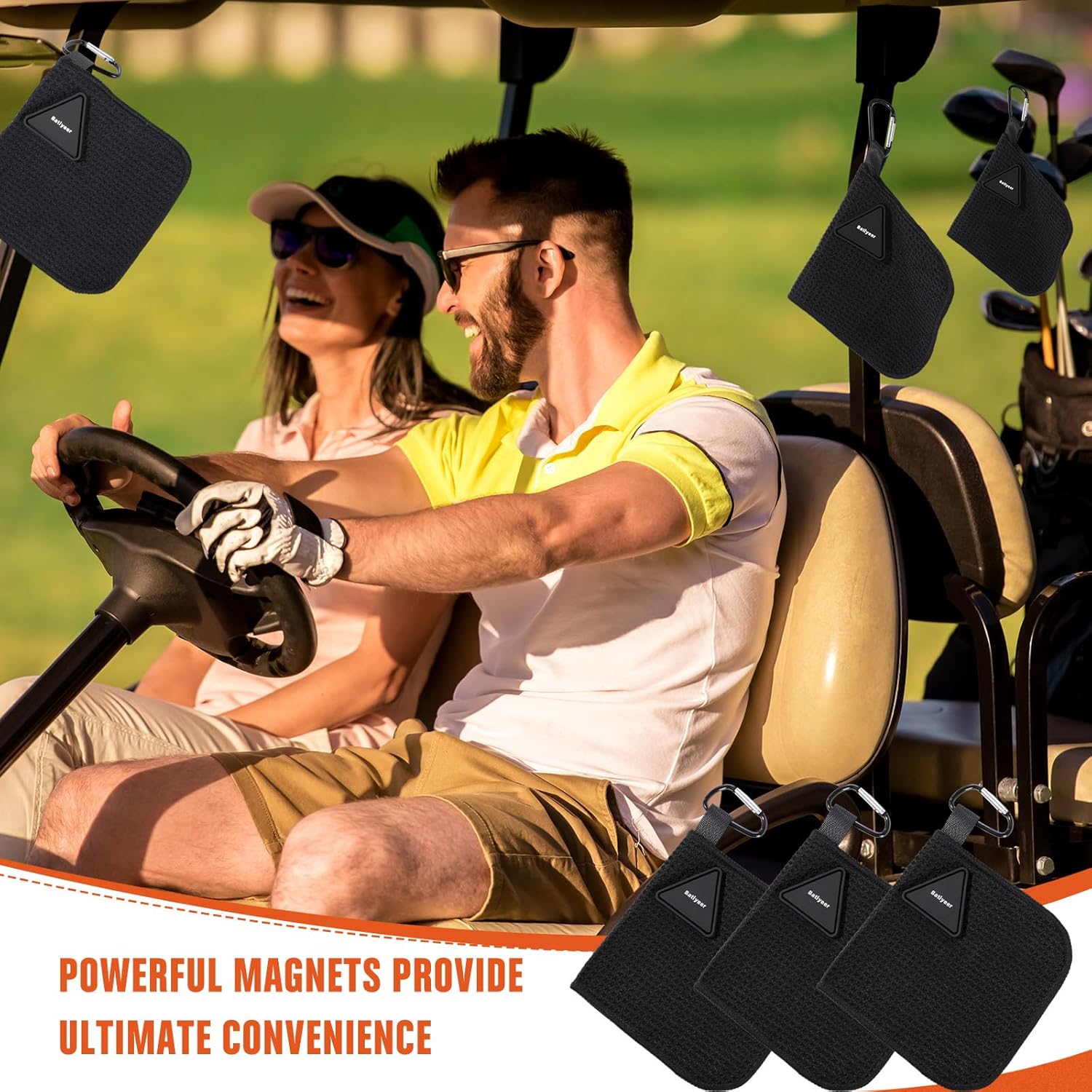 Batiyeer 3 Pack Small Magnetic Golf Towels Gift for Men 5.5 x 5.5 Inch Microfiber Waffle Material with Clip Pocket Golf Towel with Magnet for Carts Fall Camping Club Men Women (Black) - Image 5