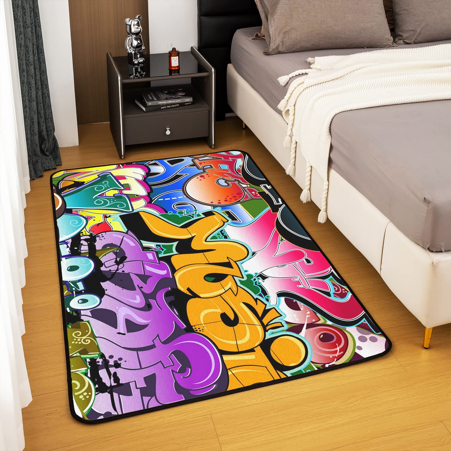 Loussiesd Tappeto stile hippie graffiti, stile hip hop, tappeto decorativo per soggiorno camera da letto, graffiti, grafica, cultura di strada, grunge, tappeto decorativo, 100 x 150 cm