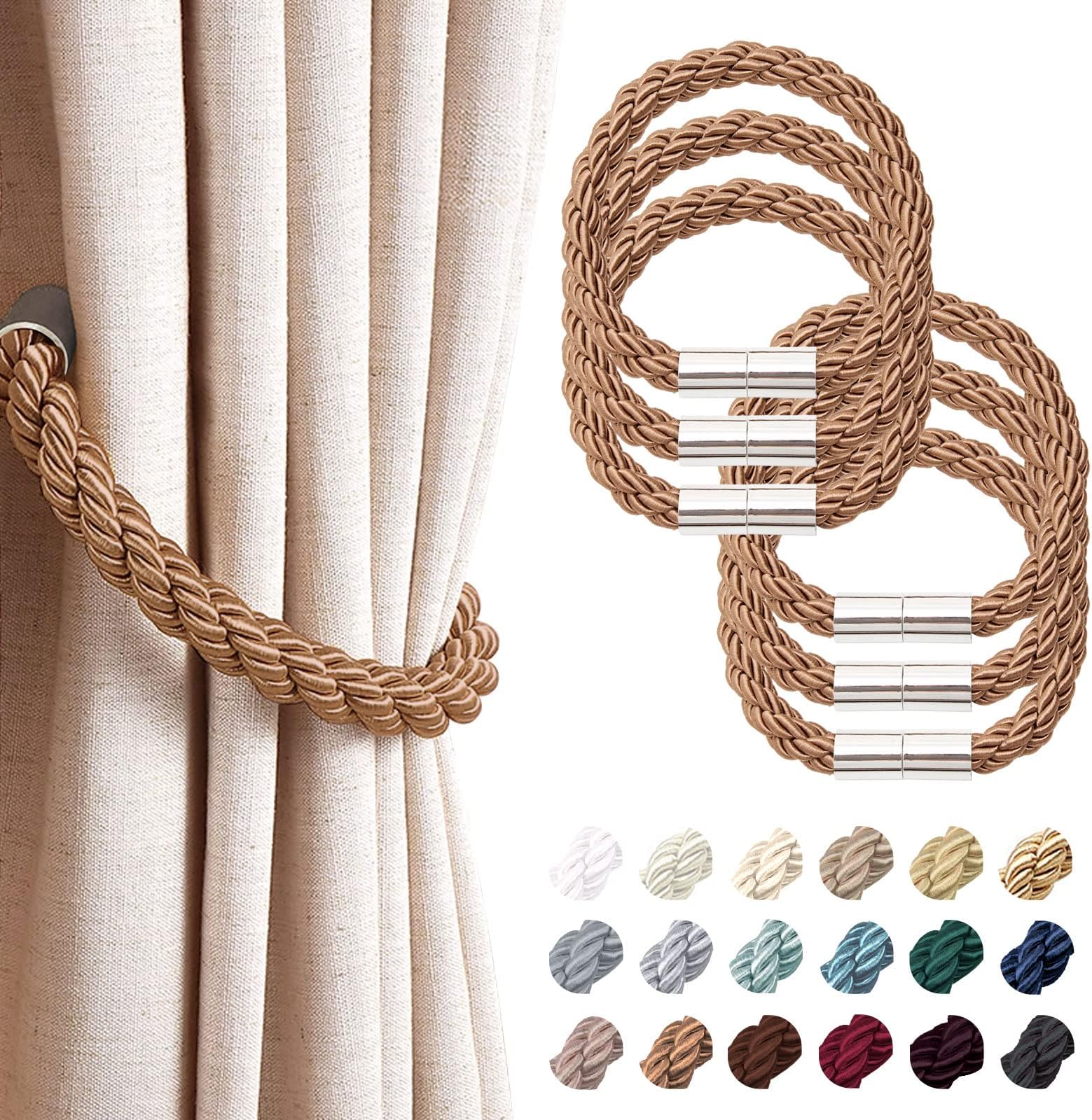 NICEEC 6 Pack Strong Magnetic Curtain Tiebacks Modern Simple Style Drape Tie Backs Convenient Decorative Weave Rope Curtain Holdbacks for Thin or Thick Home & Office Window Draperies (Light Coffee)