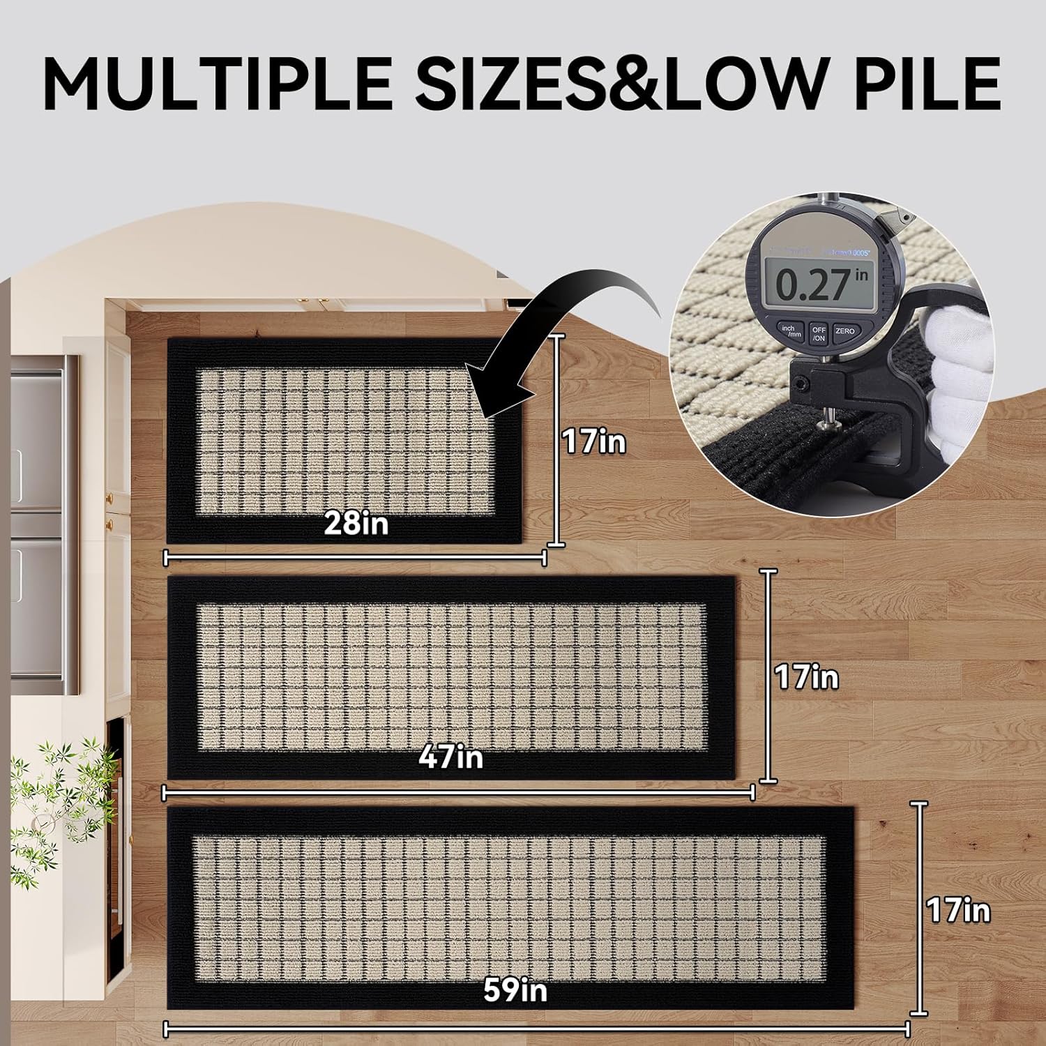 Kitchen Mats for Floor 17"x47", Non-Slip Washable Kitchen Rugs, Absorbent and Stain Resistant Kitchen Rug, Durable Comfortable Rugs for Kitchen, Hallway, Laundry & Sink, Black