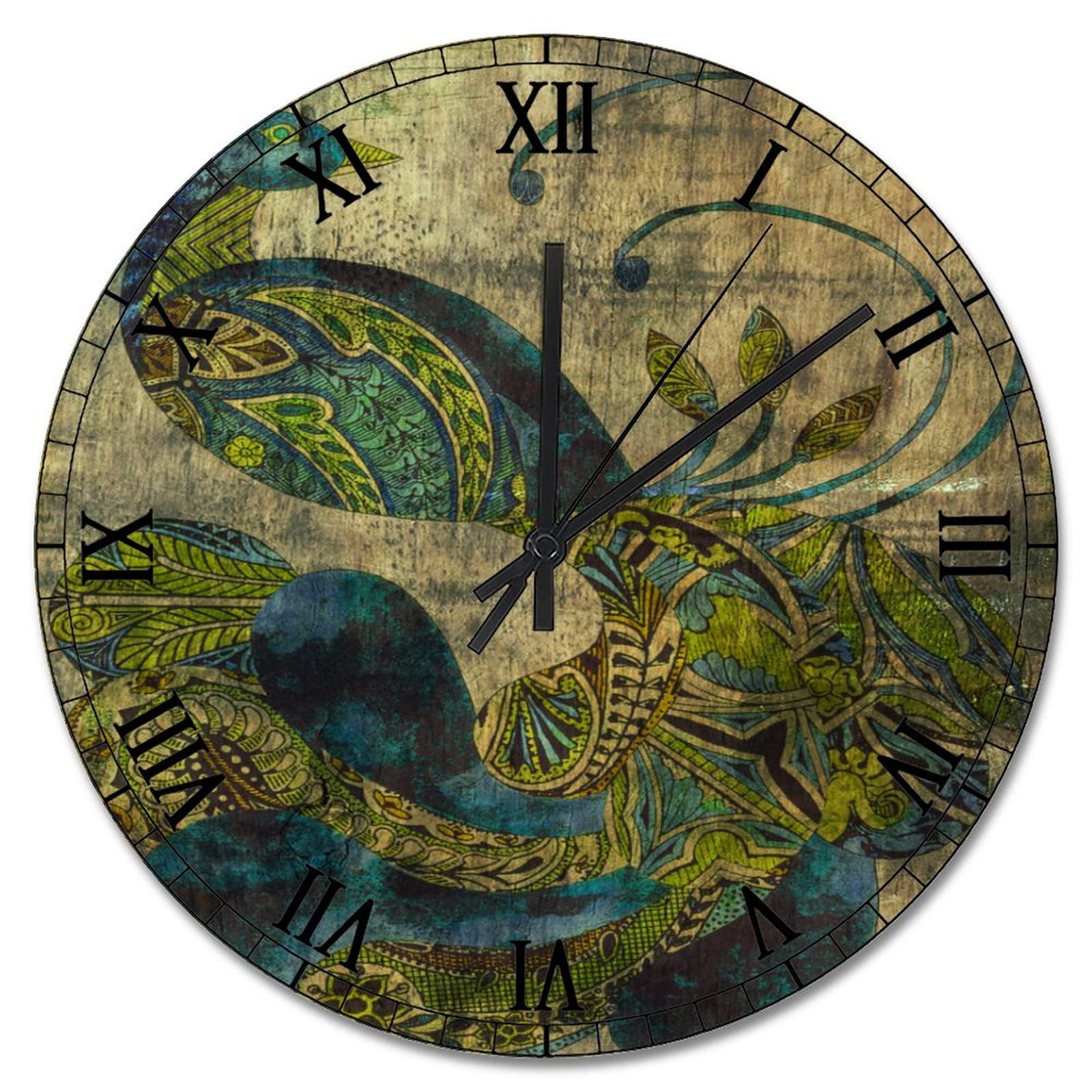 Horloge murale en plumes de paon ethnique à piles pour chambre