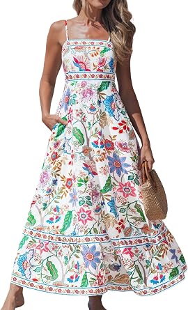 popvil Women Summer Maxi Dress 2026 Spaghetti Strap Long Beach Dress | Flowy Sundress, Adjustable Straps, Smocked Back, Side Pockets, Resort Wear for Vacation, Garden Party, Cruise