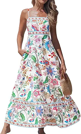 Popvil Women Summer Maxi Dress 2026 Spaghetti Strap Long Beach Dress Boho A-Line Flowy Casual Sleeveless Sun Dress