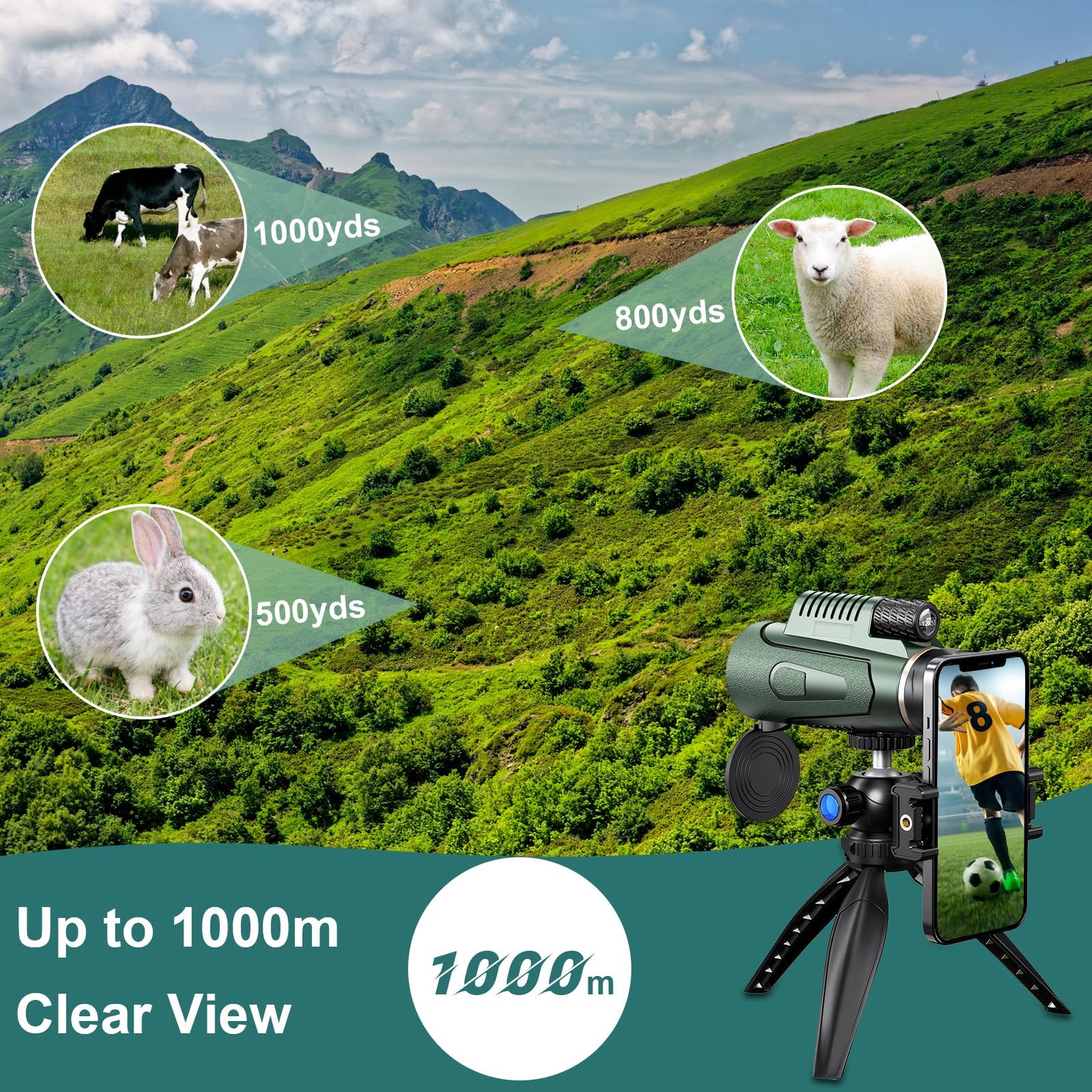 Telescopio Monocular, 12 x 50 HD Monocular para Movil, Monoculars,FMC BAK4 Prisma Monoculars, para observación Caza y Camping (Verde)