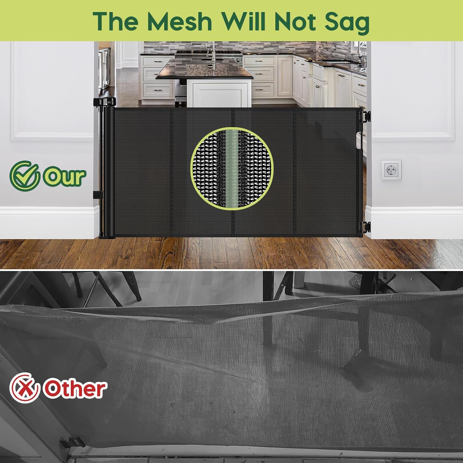 Reinforced 55 Wide Retractable Baby Gates with Reinforced Strips, Indoor/Outdoor Retractable Dog Gate for Doorway Prevent Bottom Drilling Through, No Bottom Bar Safety Mesh Baby Gate for Stair, Black