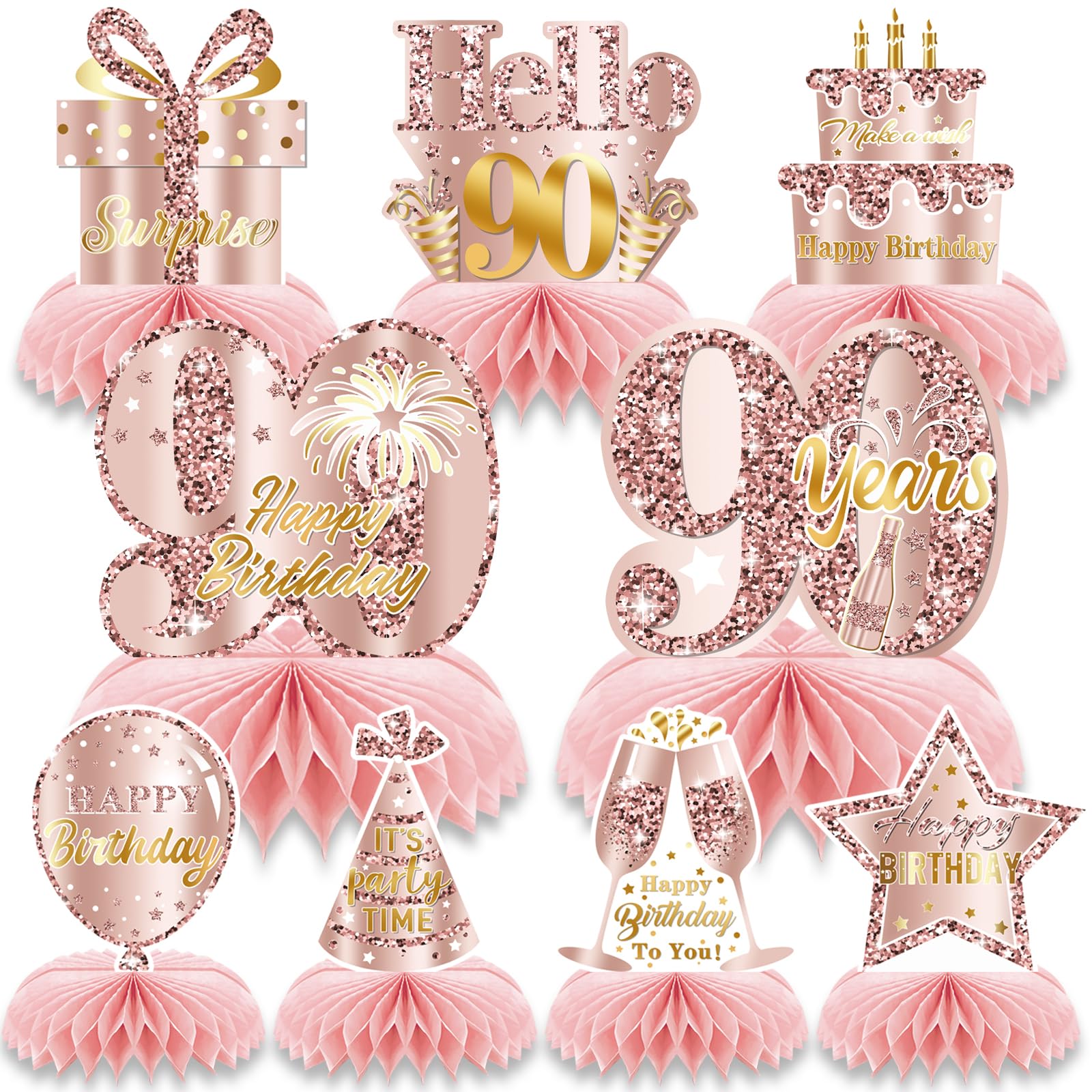 90th Birthday Honeycomb Decorations 9 Pcs Rose Gold Centerpieces Pink Table Decorations for Birthday Party Happy Birthday Table Centerpieces Party Supplies for Women Girls โ image 1