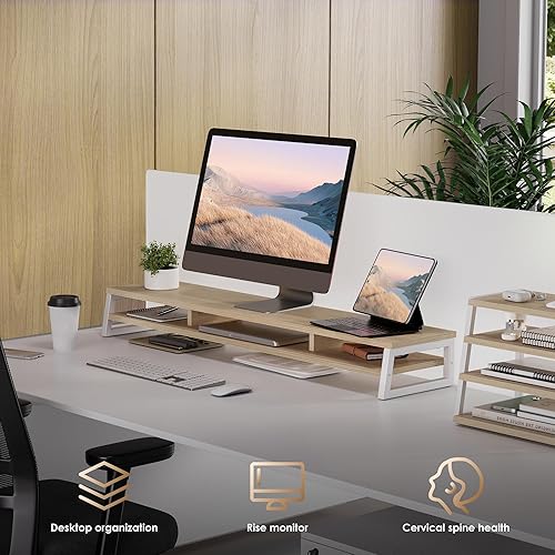 Miniatura 8 de Fenge Soporte de monitor doble para escritorio, elevador de monitor grande de 42.5 pulgadas para 2 monitores, estante superior de escritorio de