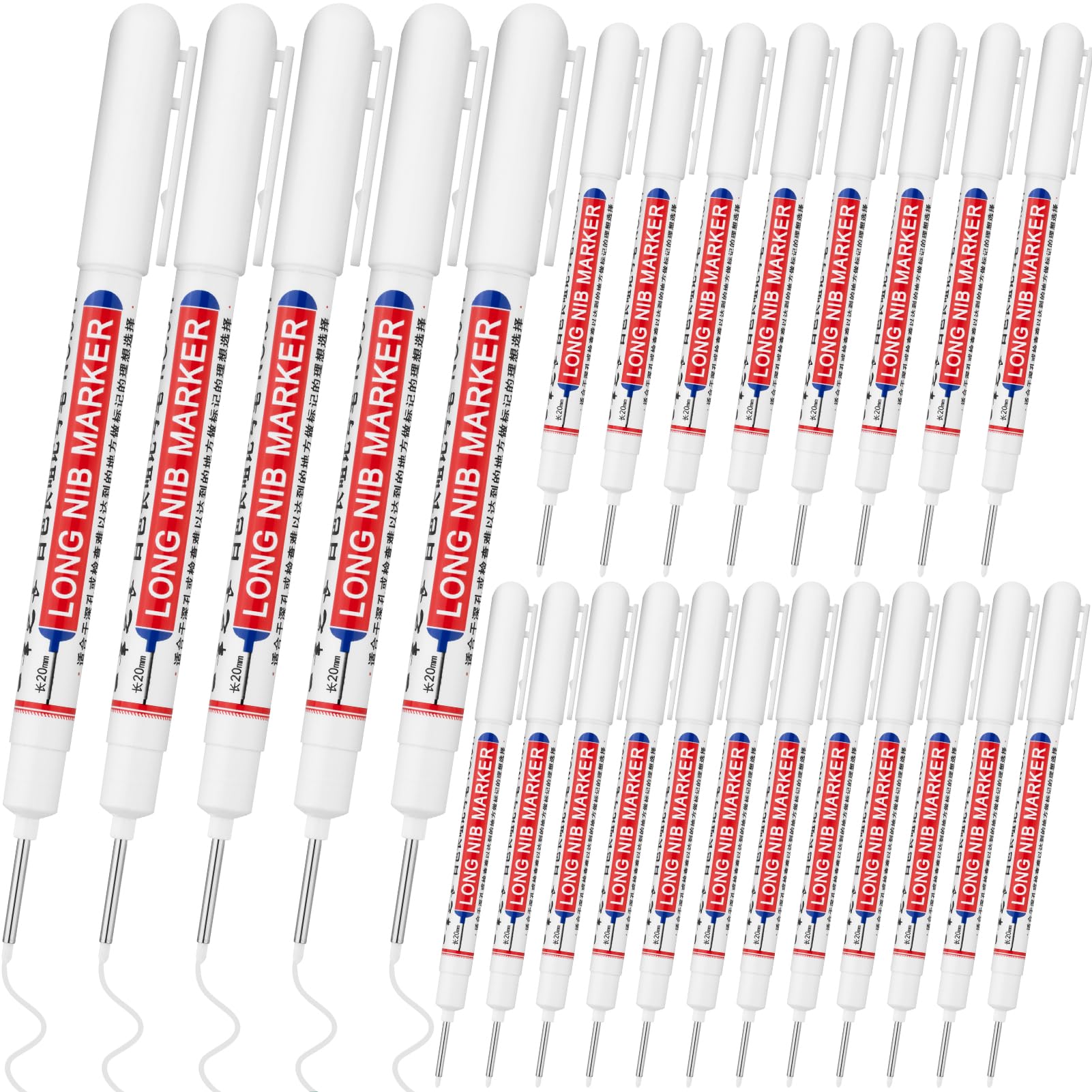 20 PCS Long Nib Marker,20mm Long Head Deep Hole Marker Pens,Longs Nose Markers,Waterproof Construction Markers Marking Tool,Permanent Markers Carpenter Ink marker Pens,Metal marking Pens,White