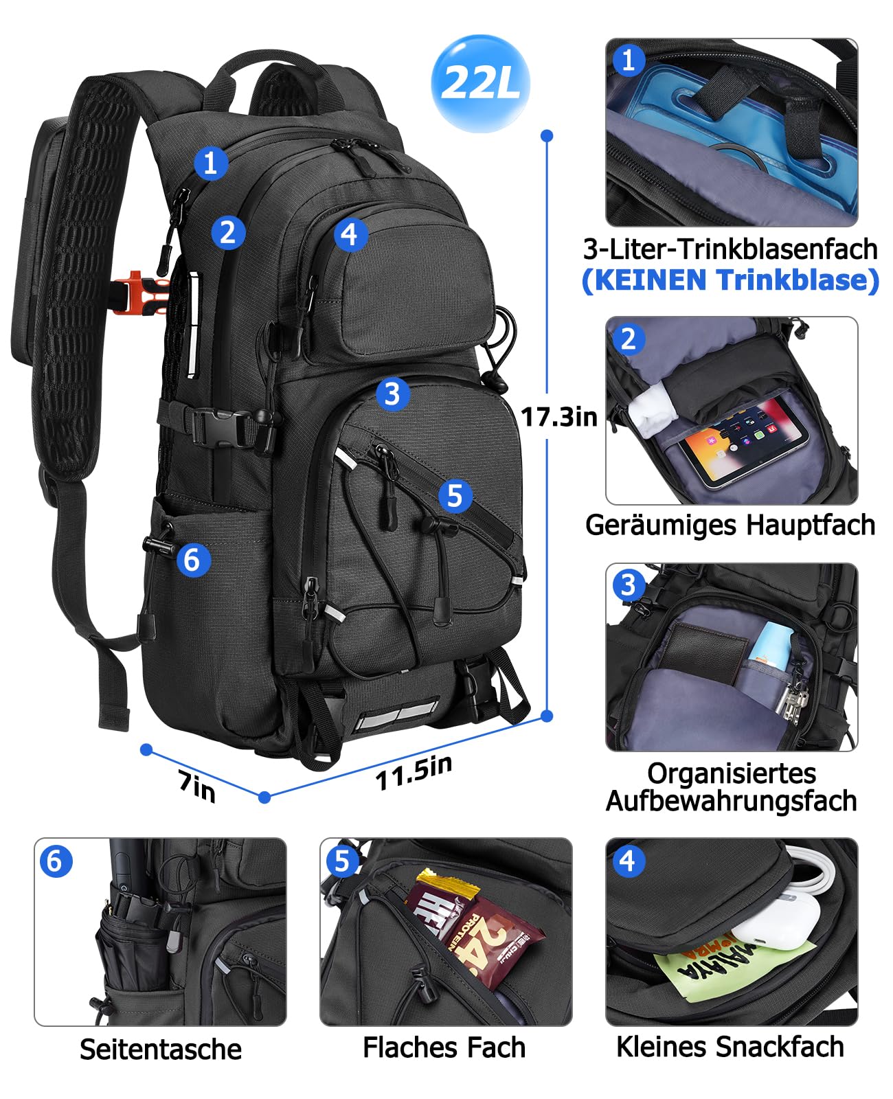 Plecak trekkingowy dla mężczyzn i kobiet, 22 l, mały plecak, lekki plecak podróżny z uchwytem na telefon, plecak trekkingowy z paskami odblaskowymi, na kemping, wędrówki, wspinaczkę, podróże
