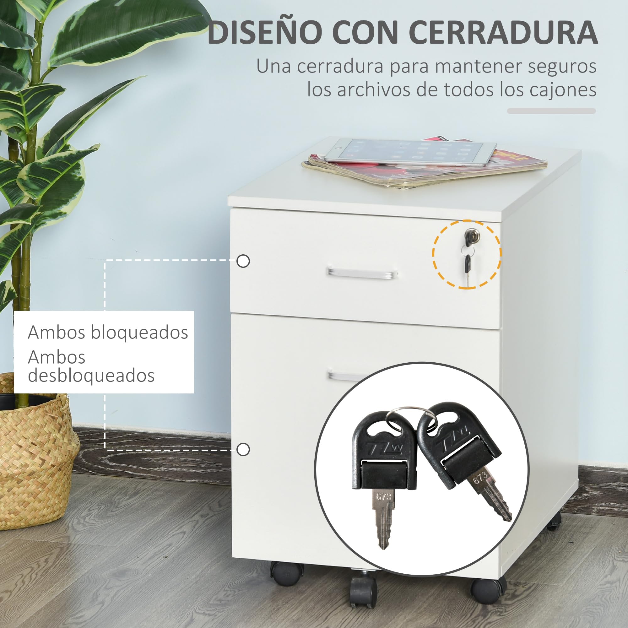 Vinsetto Cajonera de Oficina con Ruedas Mueble Archivador Cajonera Escritorio con 2 Cajones para Documentos en Tamaño A4 Cerradura y Llaves 40x49x58 cm Blanco