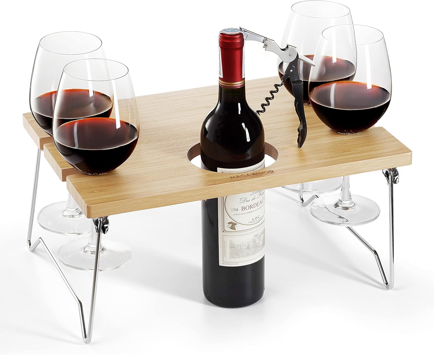 Portable Wine Picnic Table with Bottle and Glass Holder, Foldable Wine Snack Table, Wood Serving Tray Table, Camping Table for 4 Persons Outdoor Camping and Indoor, Picnic Accessories (Yellow) : Patio, Lawn & Garden