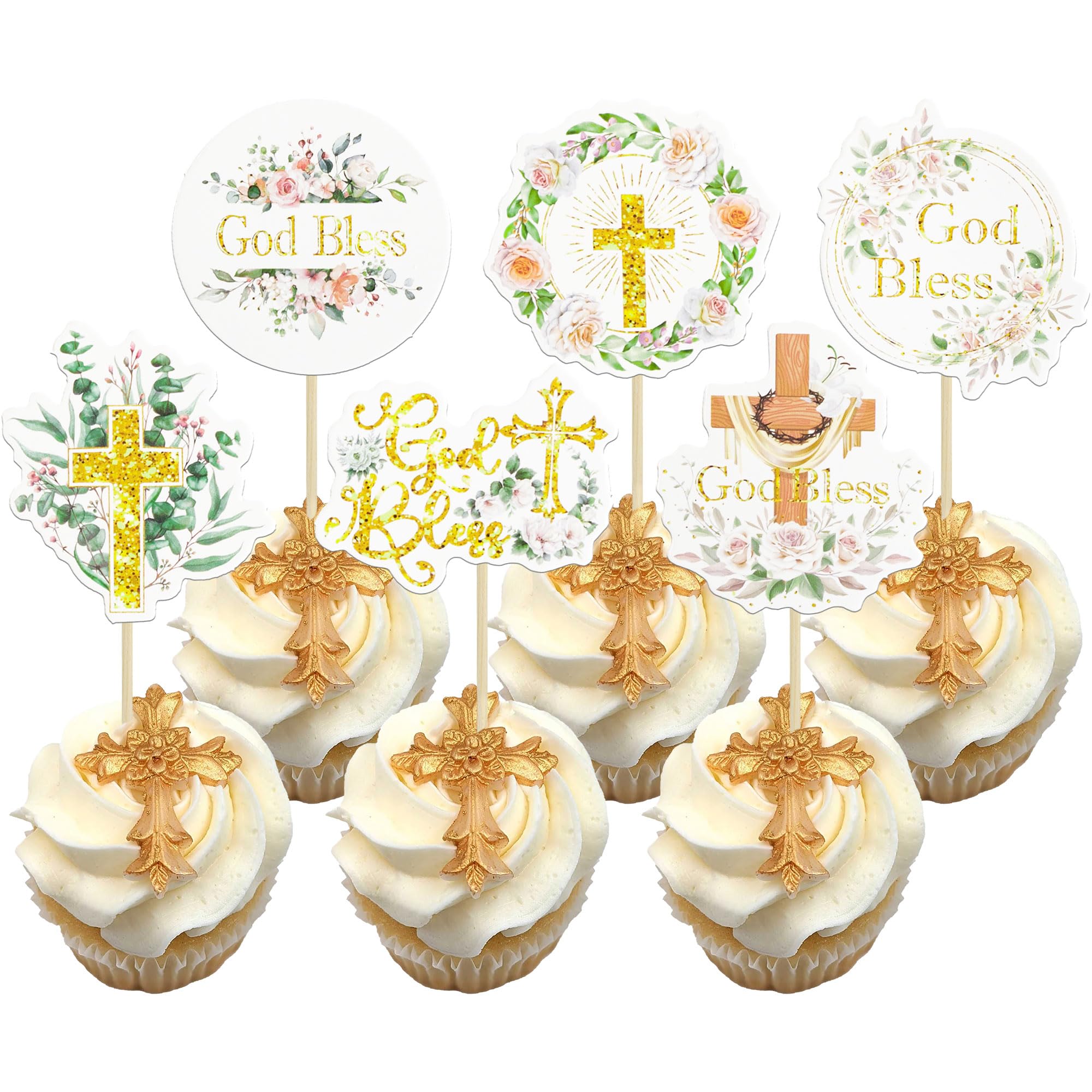 Ephlyn 36Pcs God Bless Cupcake Toppers Cross Floral Baptism Cross Cupcake Pick Decorations for Christian Baby Shower Boys First Communion Party Supplies Gold White