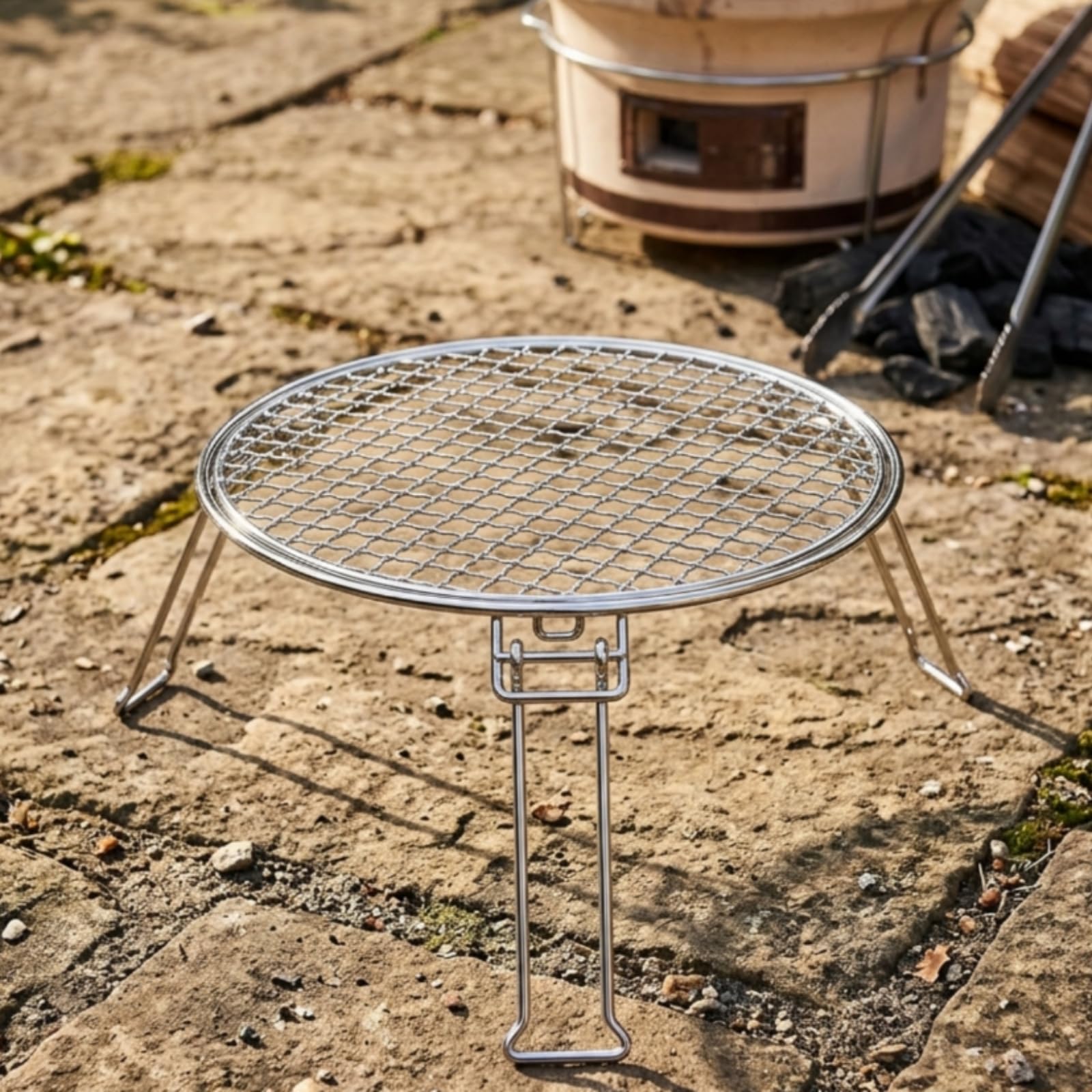 Outdoor Folding Grill Griglia da Campo Pieghevole Tonda Graticola Portatile con Gambe Collassabili Struttura Compatta Acciaio Inox Superficie