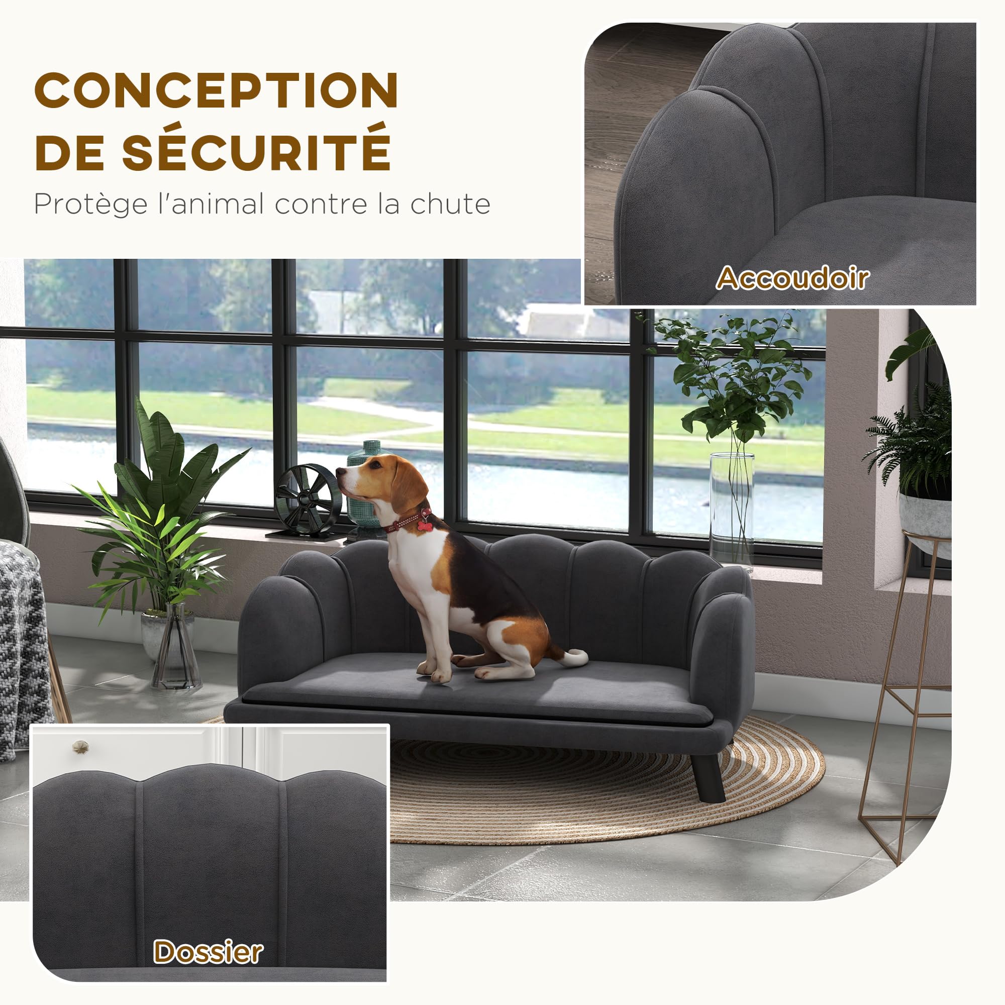 PawHut Canapé Chien lit pour Chien Chat Design Contemporain Coquillage dim. 98L x 60l x 35H cm Coussin Moelleux Velours Gris