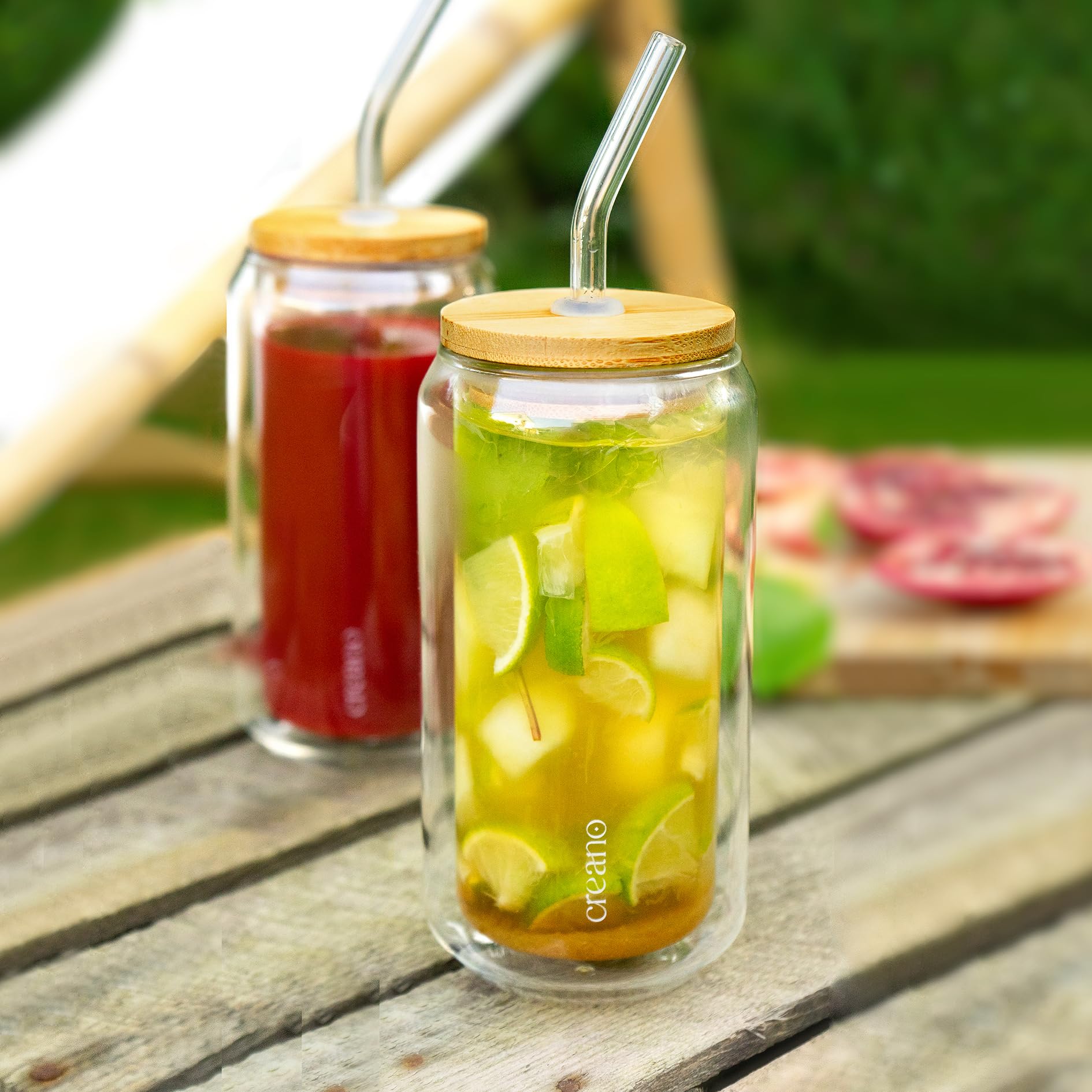 Creano doppelwandige Trinkgläser mit Bambusdeckel & Strohhalm 360ml - Smoothie Becher - Bubble Tea - Cocktailglas - 4er Set