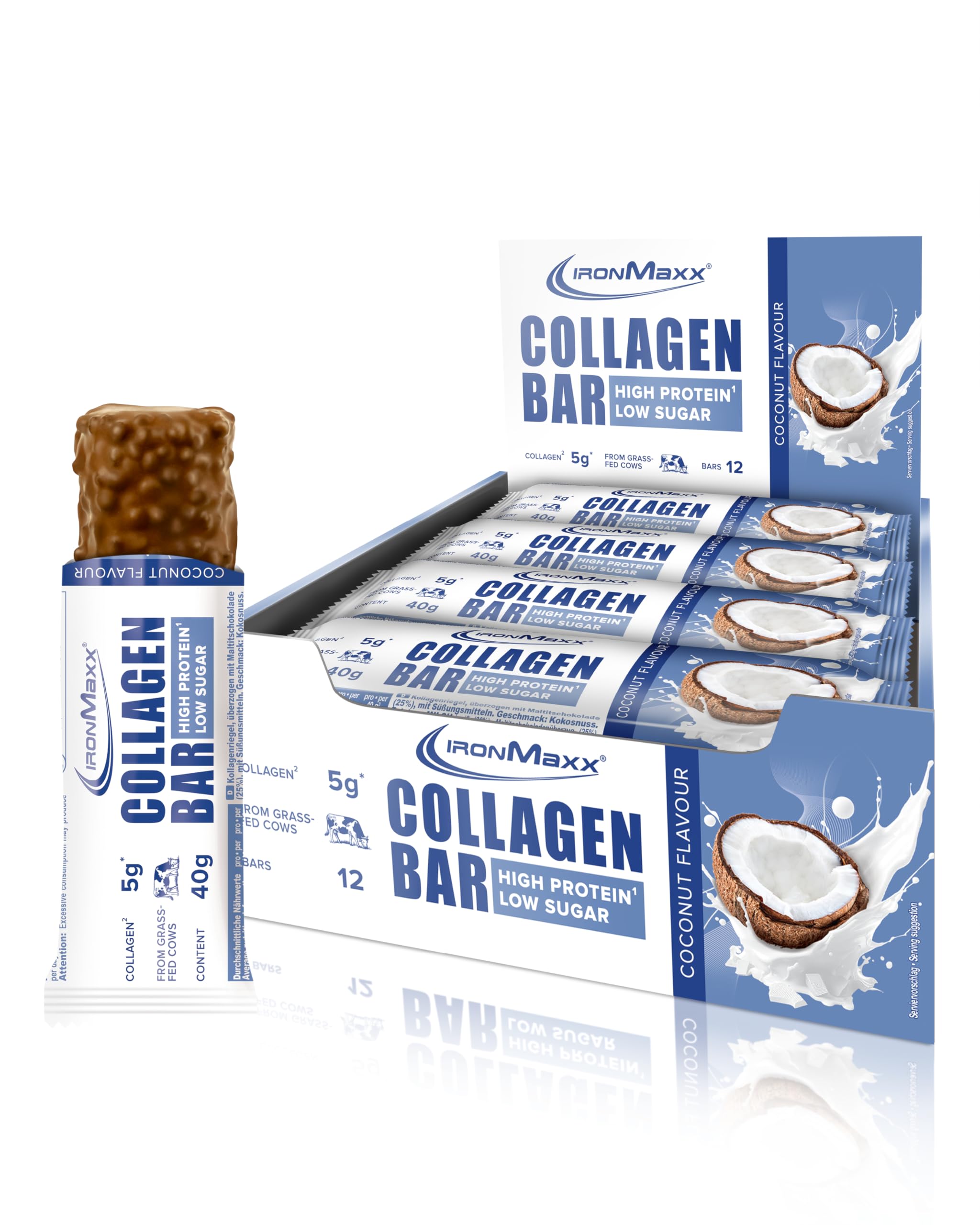 IronMaxx Collagen Protein Bar - Barretta 40g Cocco 12 pz. - Barretta proteica a basso contenuto di zucchero con collagene tipo 1, 2 e 3, 5g per barretta, da manzo alimentato ad erba.