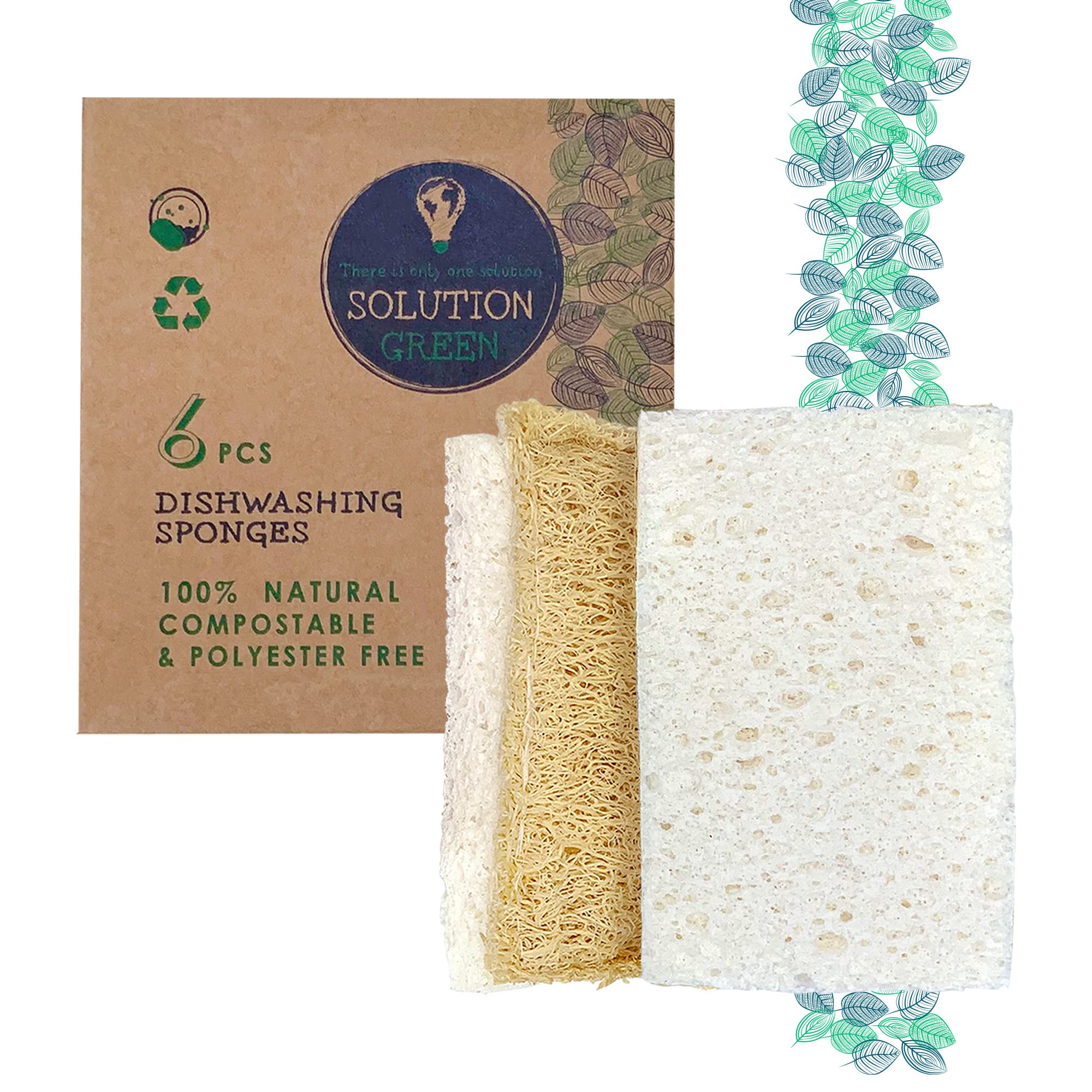 Solution Green Compostable Loofah Dish Sponges x6 | No Polyester & Plastic Free | Zero Waste | Biodegradable Loofah | Natural Cellulose Fibre | Cleaning Eco Friendly Sponges Scourers