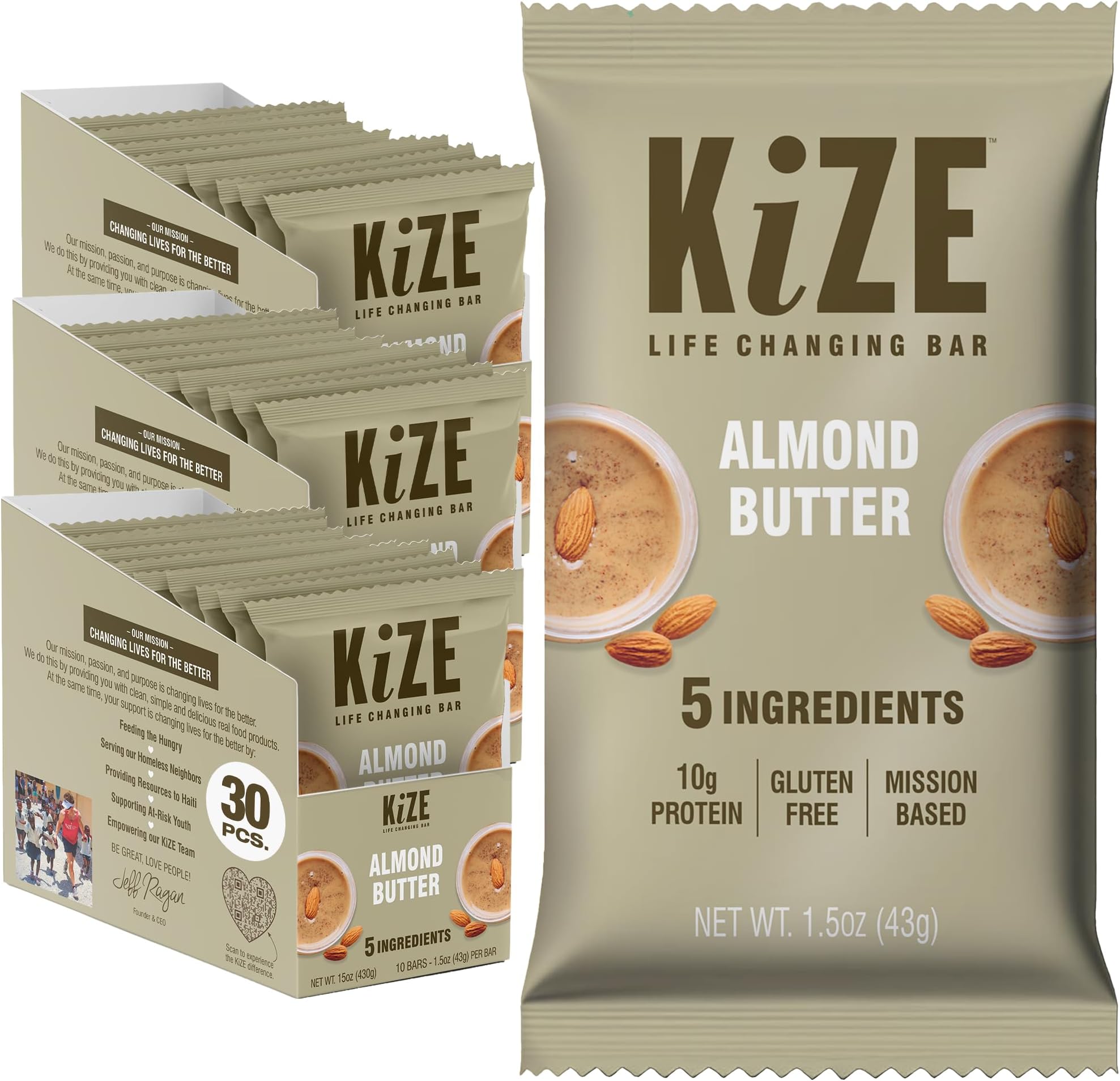 - KiZE Energy Bars - Almond Butter - 30-Count - Almond-Butter-Based, Gluten Free, Non-GMO, and High Protein Meal Replacement Energy Bars, Clean and Simple Food Ingredients - 10g High Protein Snacks (30 Count)