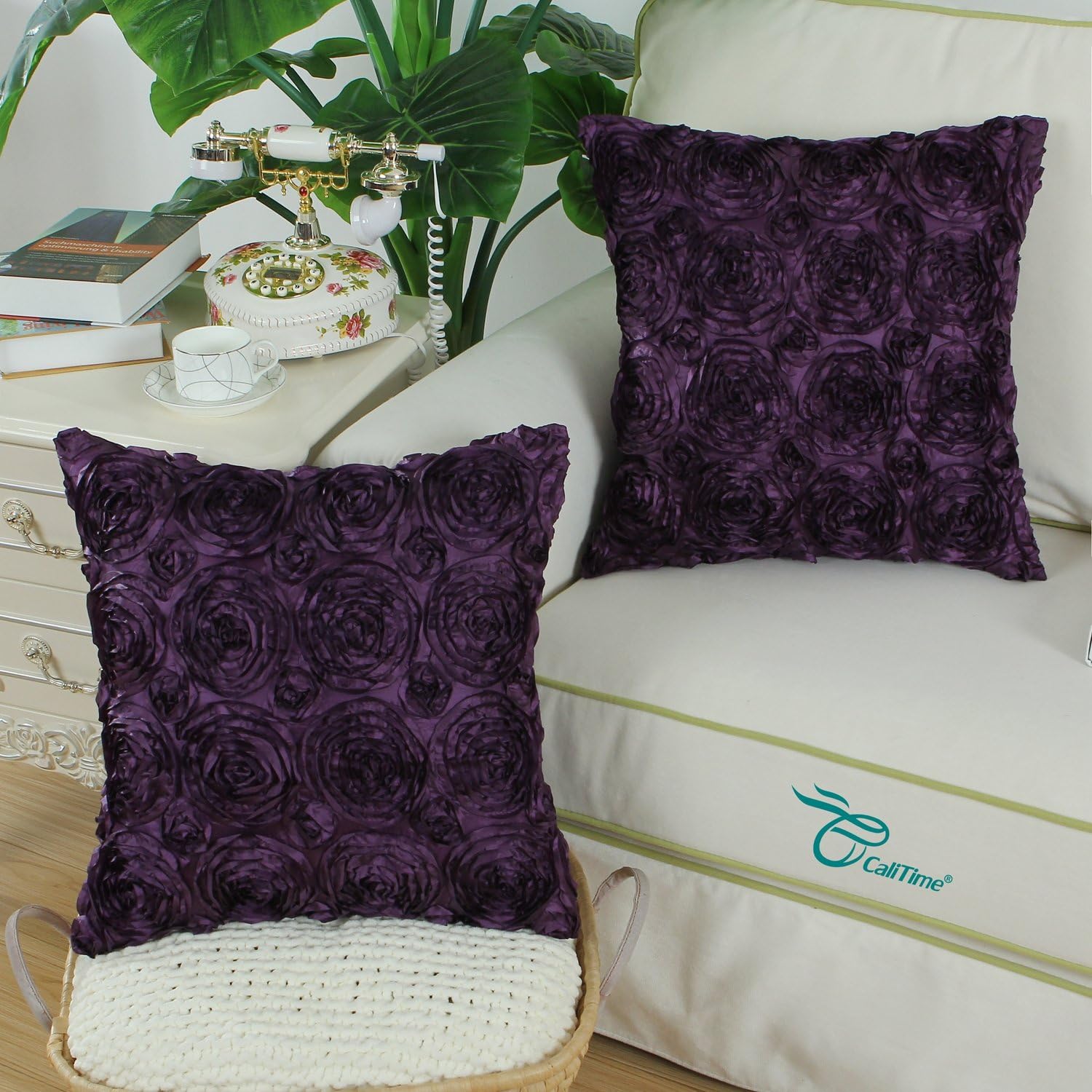 CaliTime Pack of 2 Cushion Covers Throw Pillow Cases Shells for Couch Sofa Home Solid Stereo Roses Floral 18 X 18 Inches Deep Purple