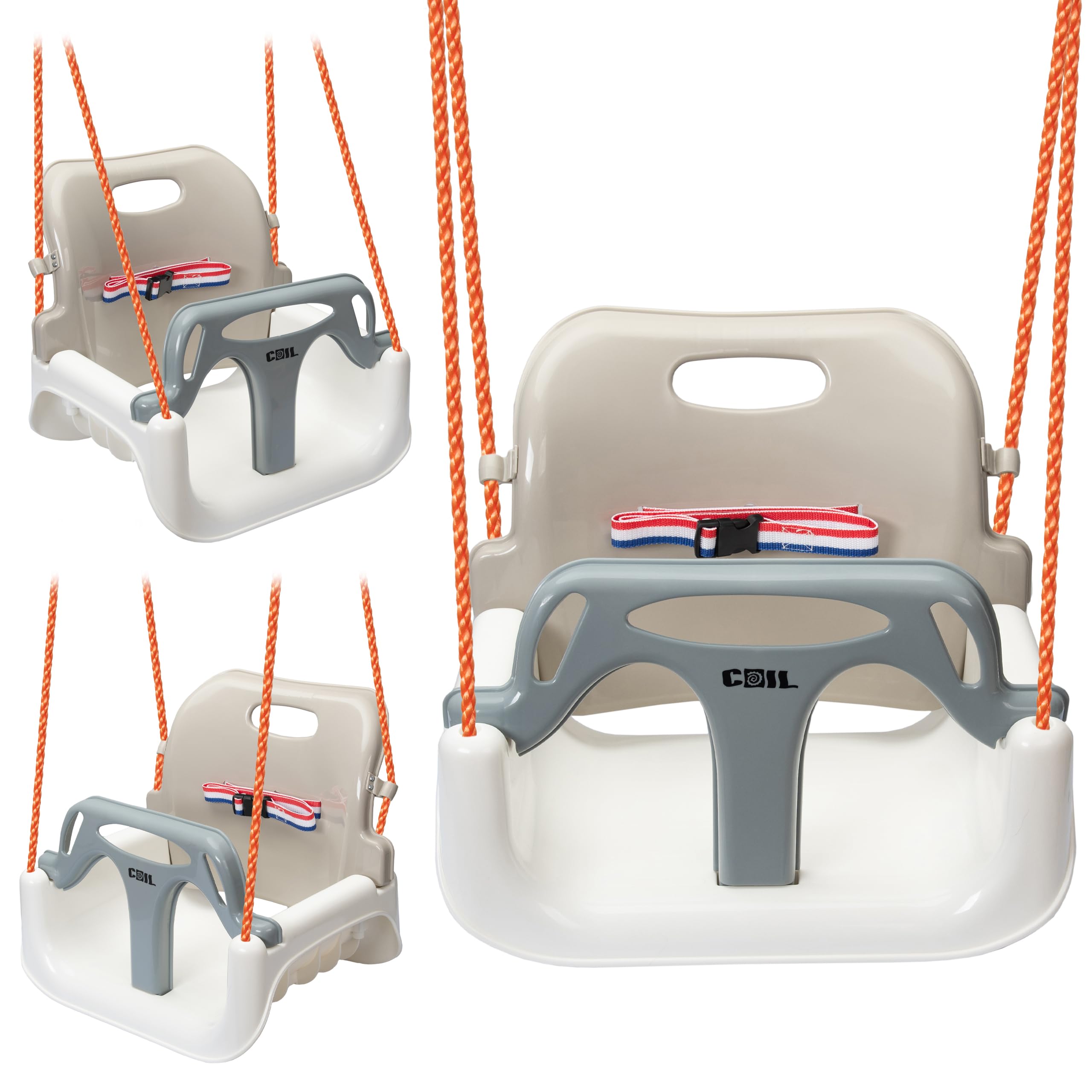 COIL Columpio infantil para exteriores, 3 en 1, columpio para bebé, ajustable, para interior con respaldo, columpio para interiores y niños pequeños (beige)