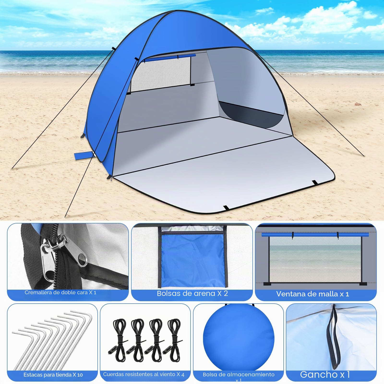 Tienda de Playa Pop Up 1-3 Personas Anti-UV Protección Solar UPF 50 Automática Portátil