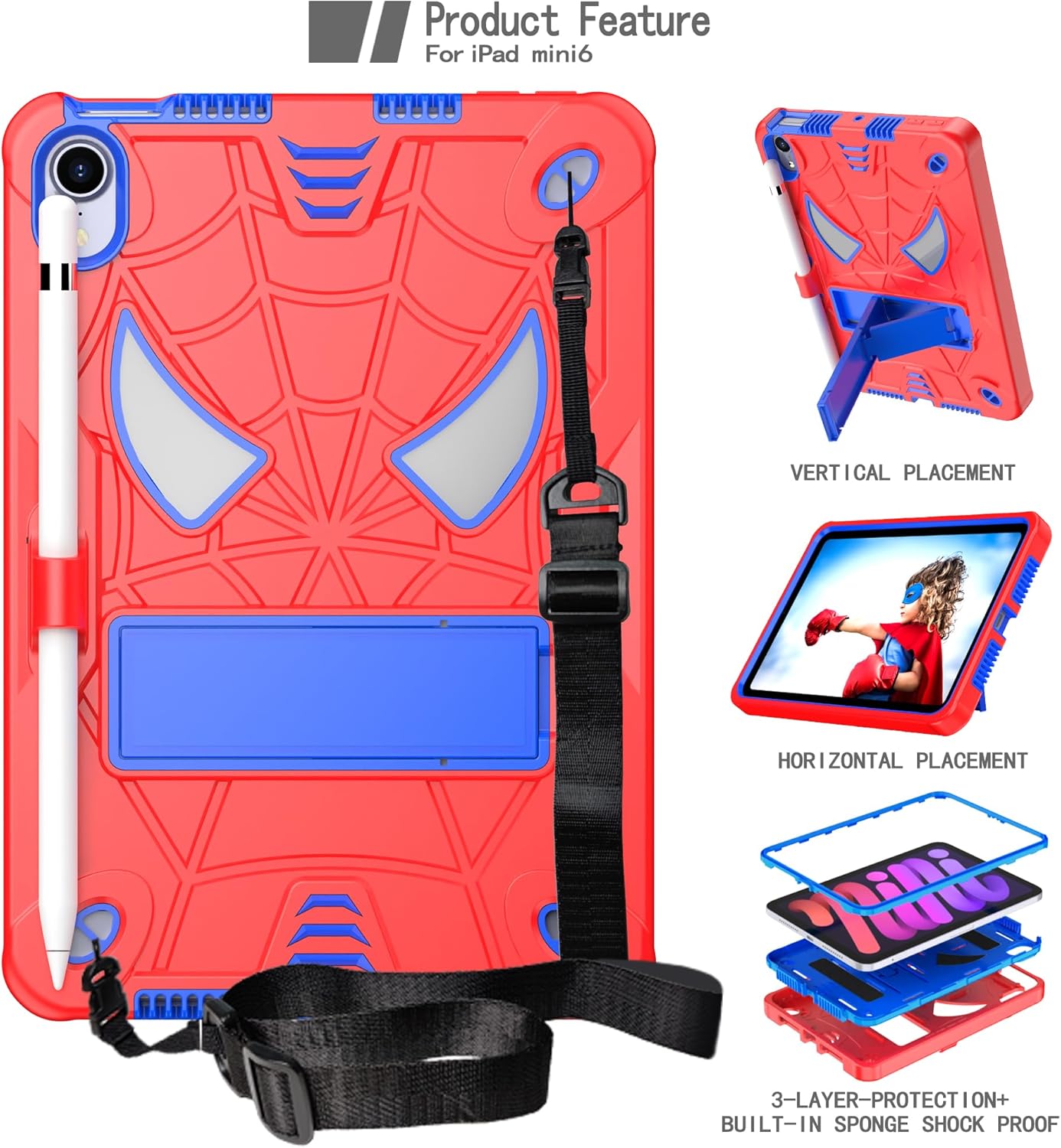 Dteck for iPad mini (A17 Pro), Mini 6 (6th Gen) 8.3" Kid-Friendly Shockproof Case with Kickstand/Pencil Holder/Shoulder Strap, 3 Layers Drop Proof Protective Cute Spider Rugged Tablet Cover, Red/Blue