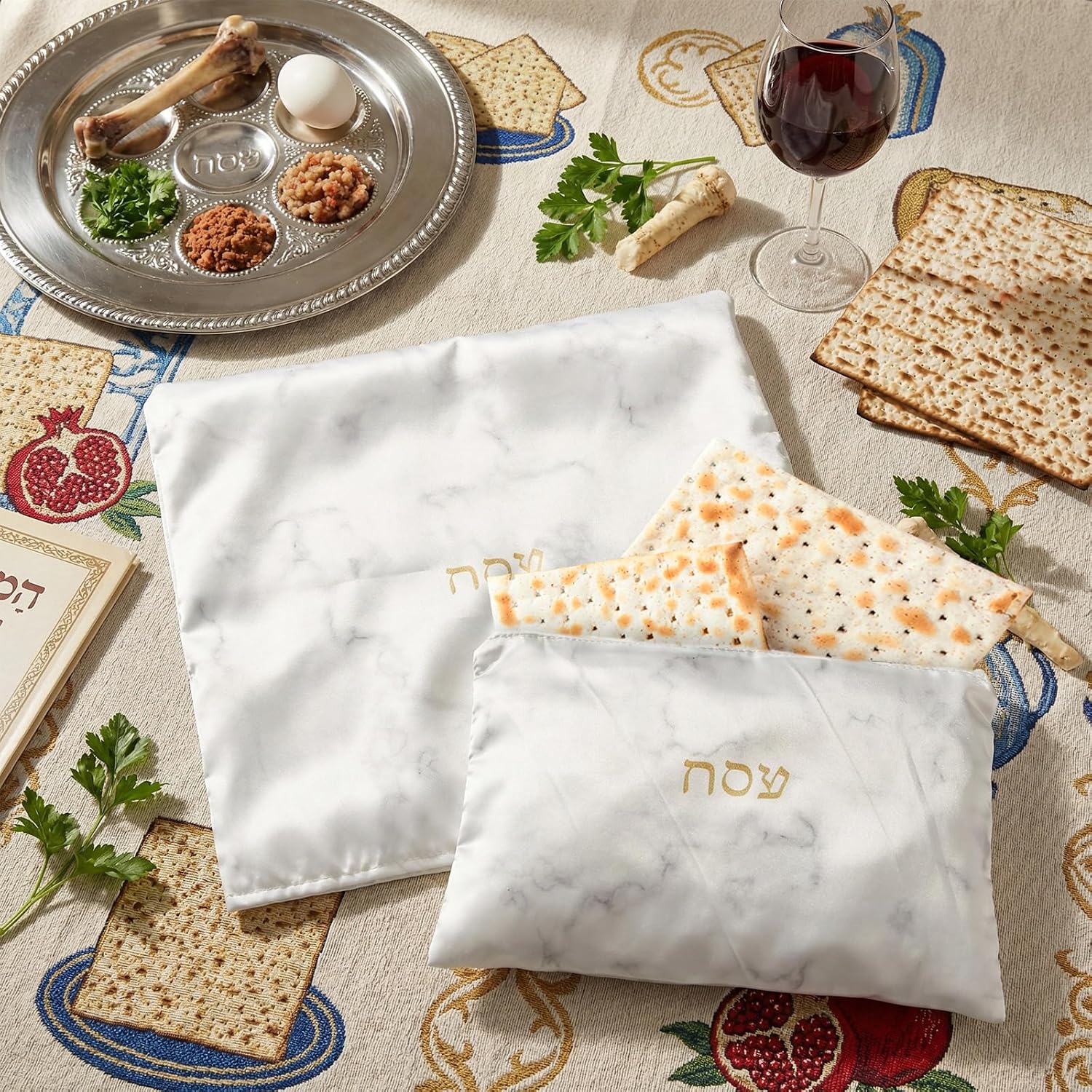 Tegeme 2 Pcs Passover Seder Square Matzah Cover and Afikomen Bag 16 X16 Matzah Cover Marble Square Satin with 3 Layered for 3 Matzot 12 x 8 Zippered Afikomen Bag for Passover Collection