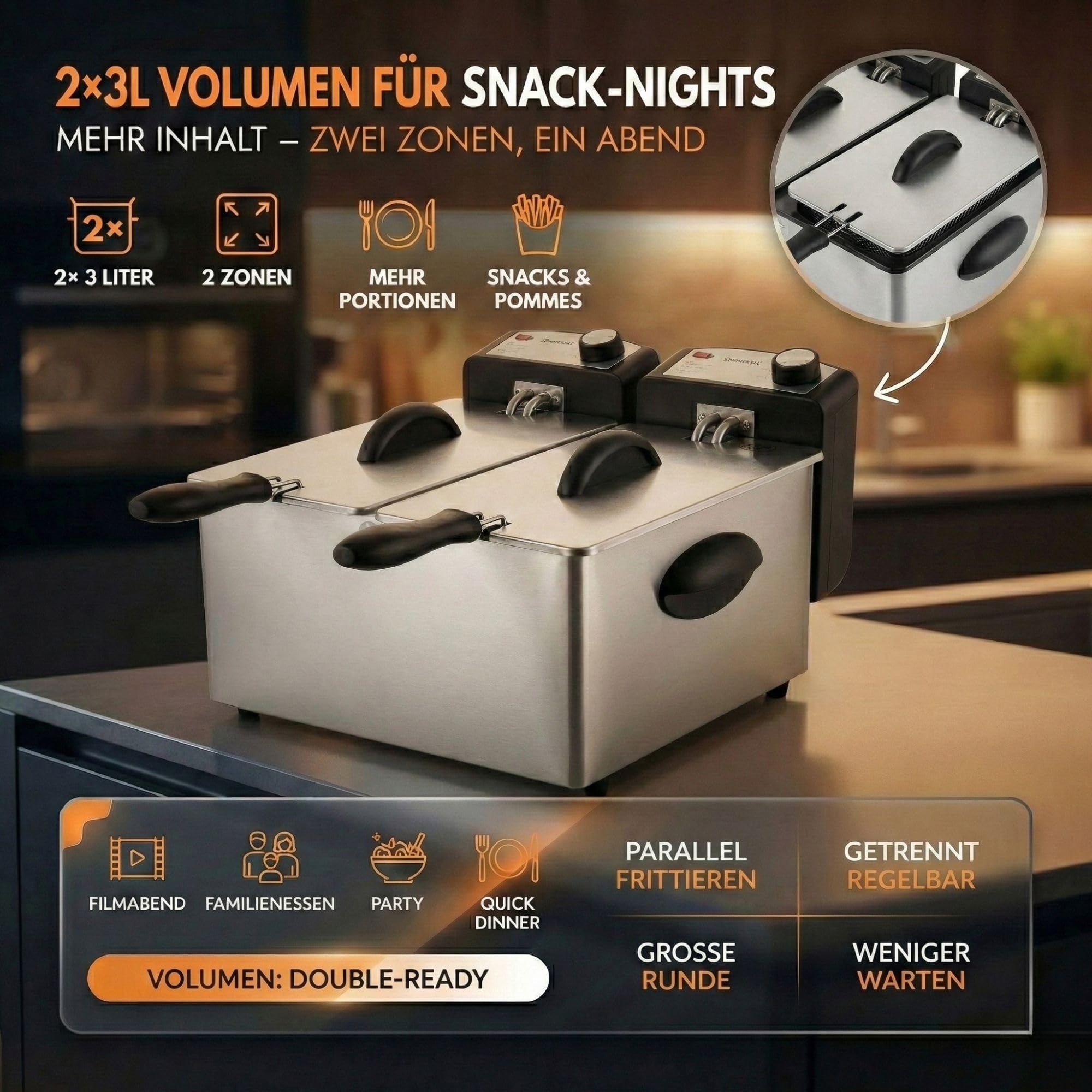Sommertal DF3600 Doppel Fritteuse mit Öl 2x 3L 3600 Watt | Edelstahl Fritteuse mit 2 getrennten Heizkreisen | Fritteuse mit Fett 130–190°C | Deep Fryer für Pommes