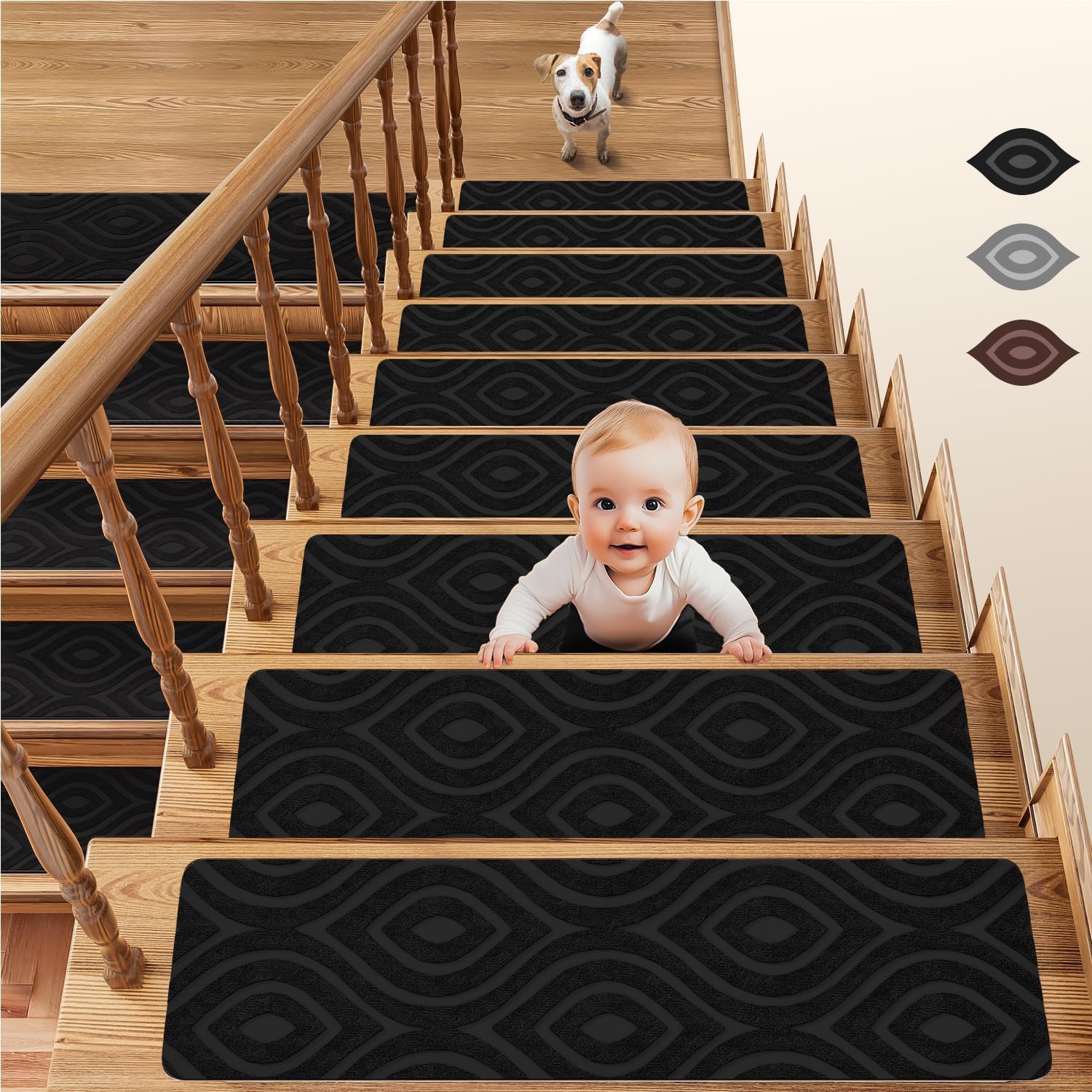 JIABOOK Stair Treads for Wooden Steps 8" X 30" / 20cm*76cm,Self Adhesive Treads for Stair treads Non Slip Indoor,Reusable Carpet Stair fit Non Slip Stair treads for Children Elderly and Pets 15 Pack