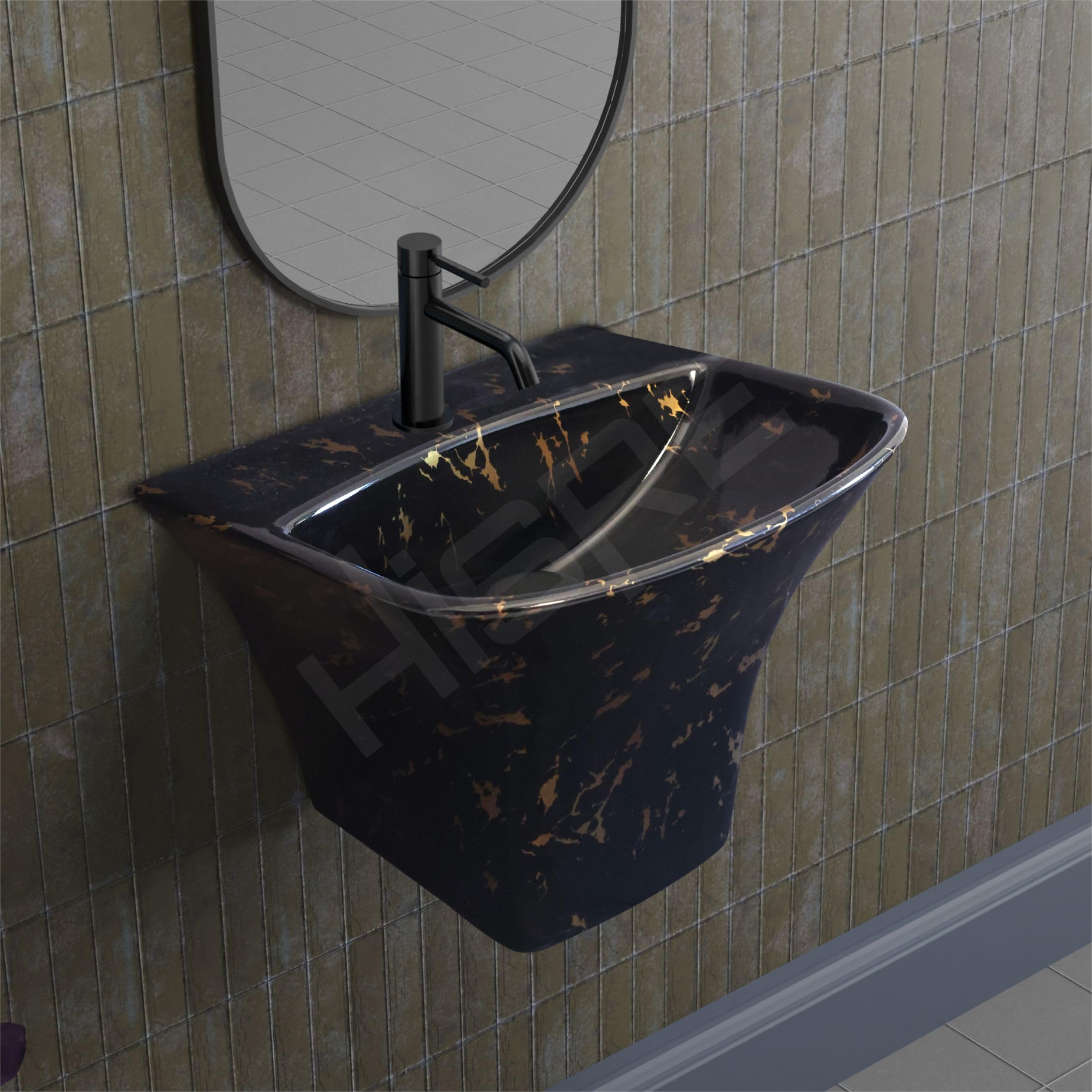 Hisre Modern Wall-Mounted Matte Ceramic Wash Basin with Curved Rectangular Design | Space-Saving Floating Bathroom Sink for Contemporary Interiors (Black 1024), photo 1 of 5