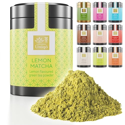 Tea Uniqo – Zitrone Matcha Tee Pulver – Ideal zum Trinken, für Eis, Latte, Shakes, zum Backen oder Kochen - Japanischer Grüntee Pulver mit Lemon Geschmack, ohne künstliche Farbstoffe in edler Dose - Lemon Matcha