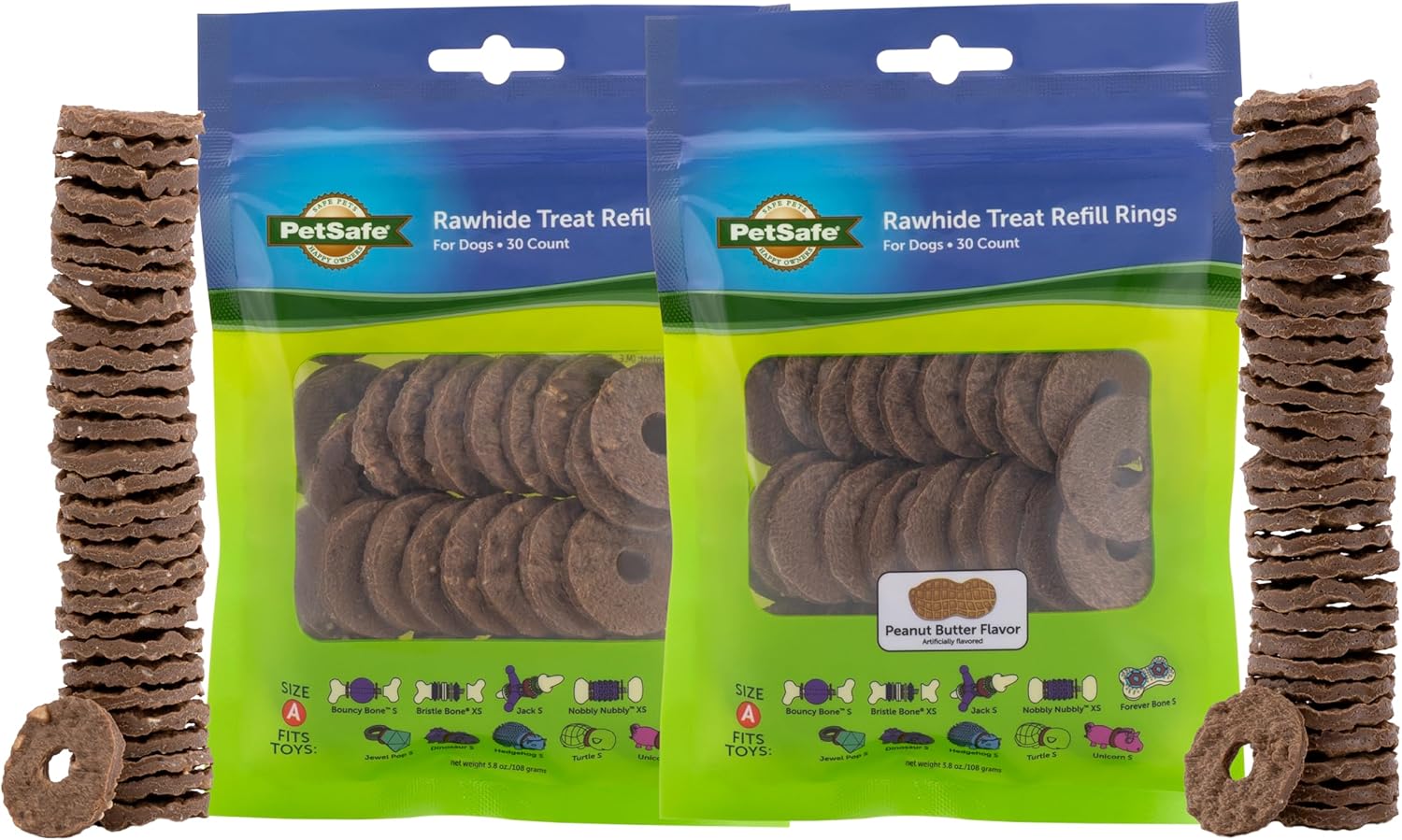 PetSafe Busy Buddy Treat Ring Variety Pack - Engaging Treat-Holding Toy Refill - Easy-Open Resealable Bags - Small - Peanut Butter & Original Rawhide Flavors - 60 Count