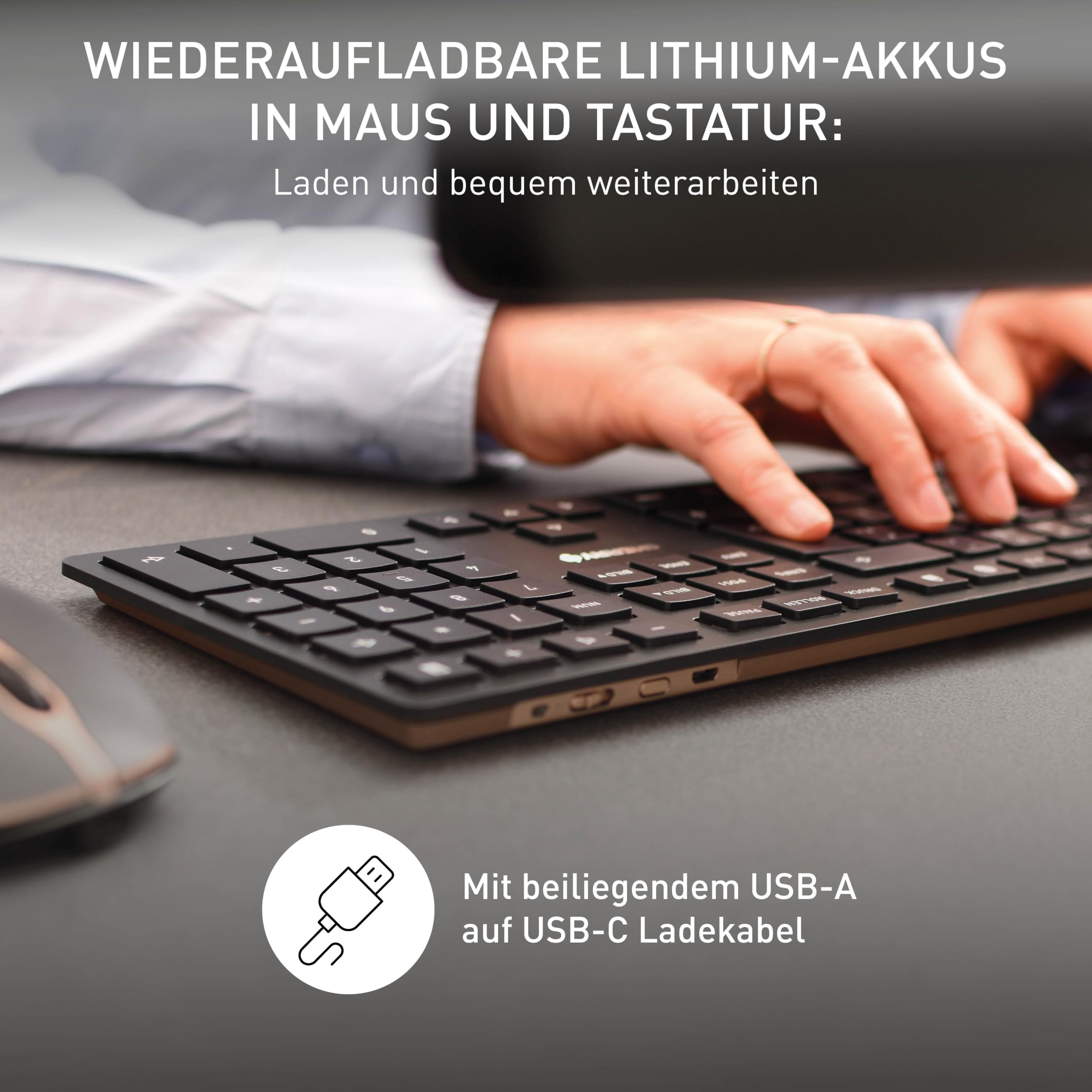 CHERRY DW 9100 Slim, Kabelloses Tastatur-Maus-Set, Tschechisches/Slowakisches Layout (QWERTZ/QWERTY), Bluetooth & 2,4 GHz Funk, Wiederaufladbar, Schwarz-Bronze