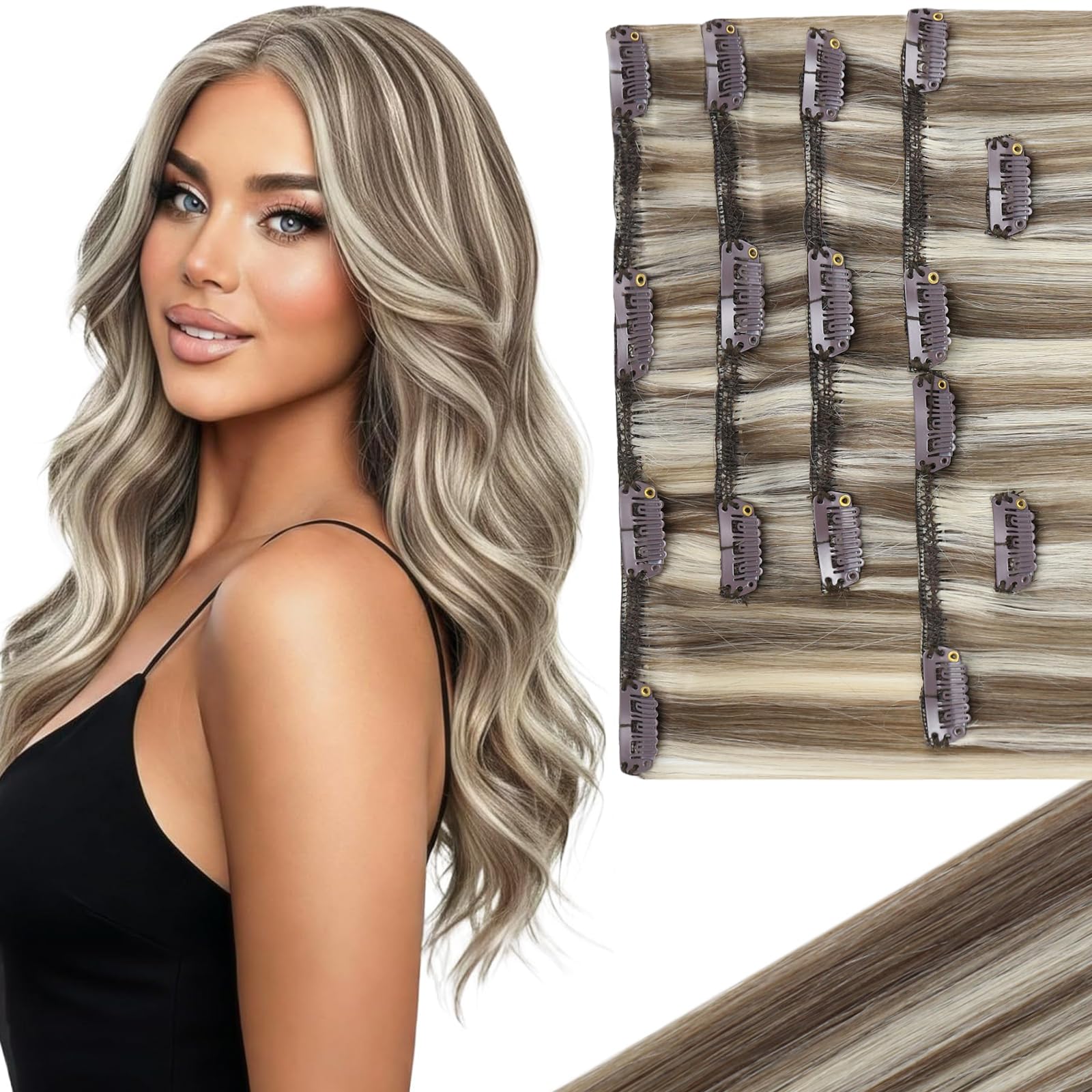 Ve Sunny Clip in Hair Extensions Highlight Brown Remy Hair Clip in Extensions Real Human Hair Extensions for Women Light Brown Highlights Platinum