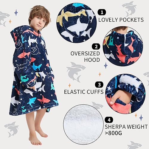 Miniatura 3 de Wearable Blanket Hoodie for Kids Oversized Sherpa Blanket Hoodie for Kids Boys Girls Teens 6-13YR,Navy Shark