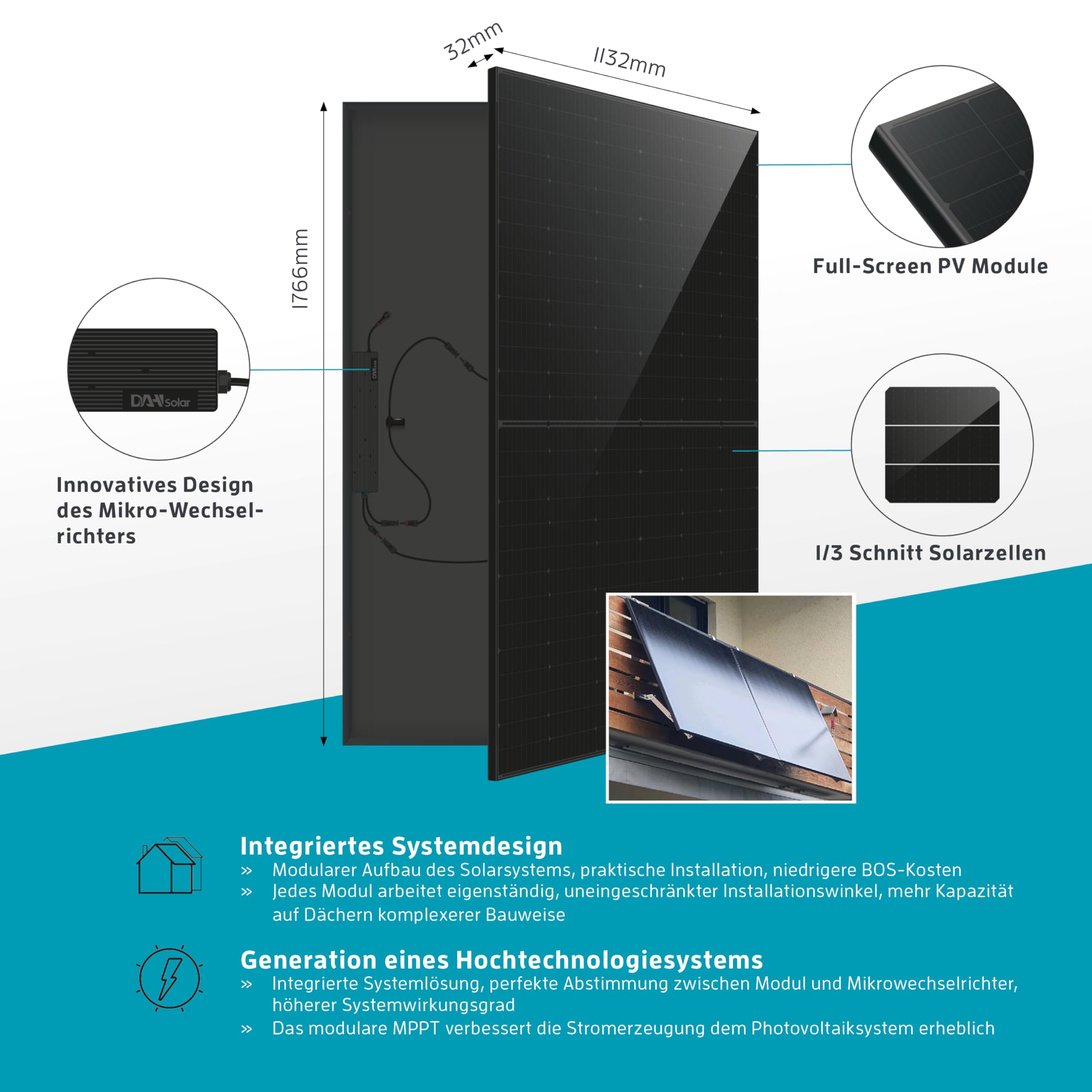 Kaiser® Centrale photovoltaïque de balcon 800 W avec Onduleur, kit complet, design All Black, panneaux solaires plug and play accessoires et câble de 7 m inclus, contrôle par application
