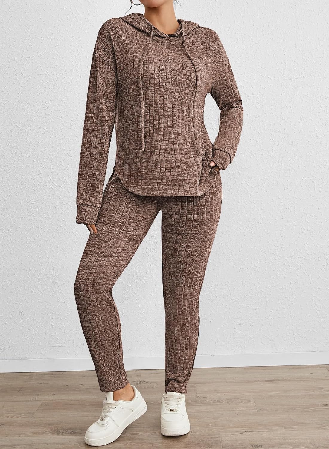 Fixmatti Women Pullover Hoodie Sweat Set Long Sleeve Ribbed Sweatsuit Tracksuits with Pocket - Image 2