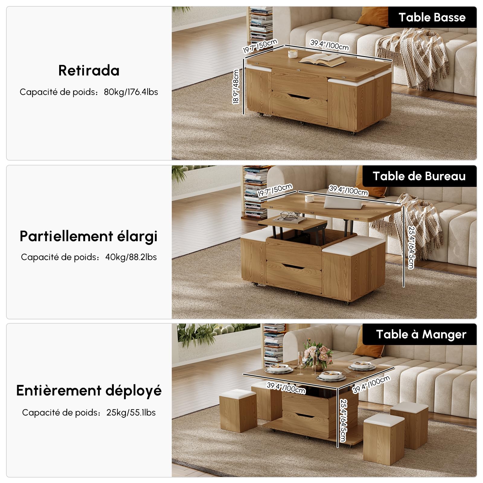 Homary Table Basse Relevable en Bois avec 4 Chaises Cachées Moelleuses, Tournante Hydraulique, Mode Bureau Salle à Manger, Rangement Intégré, Meuble Moderne Multi-Fonction Claire