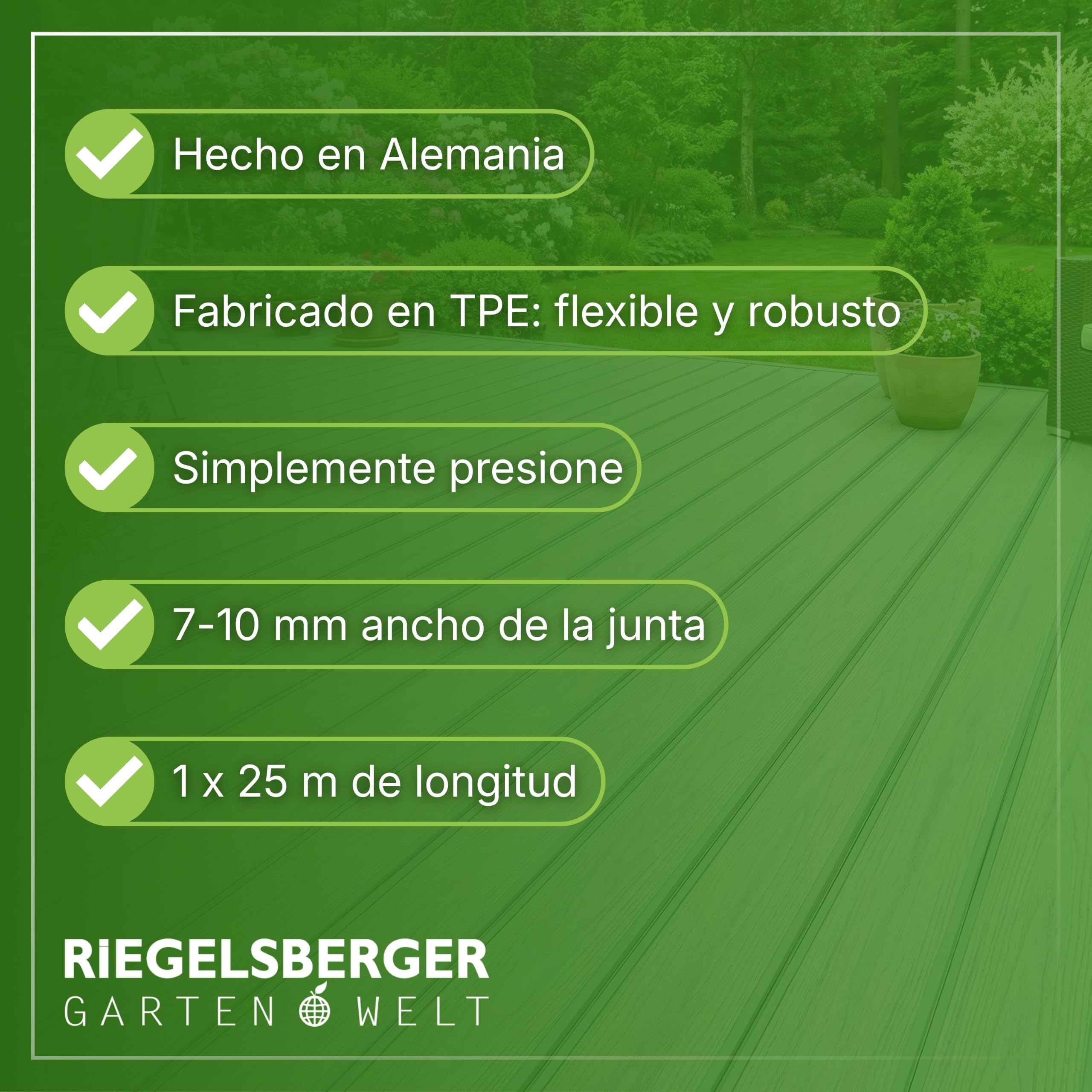 Gartenwelt Riegelsberger Banda para Juntas 7-10 mm Gris Claro 25 m | Banda de sellado de TPE para terrazas de madera y WPC | Resistente a rayos UV, intemperie y heladas | Made in Germany