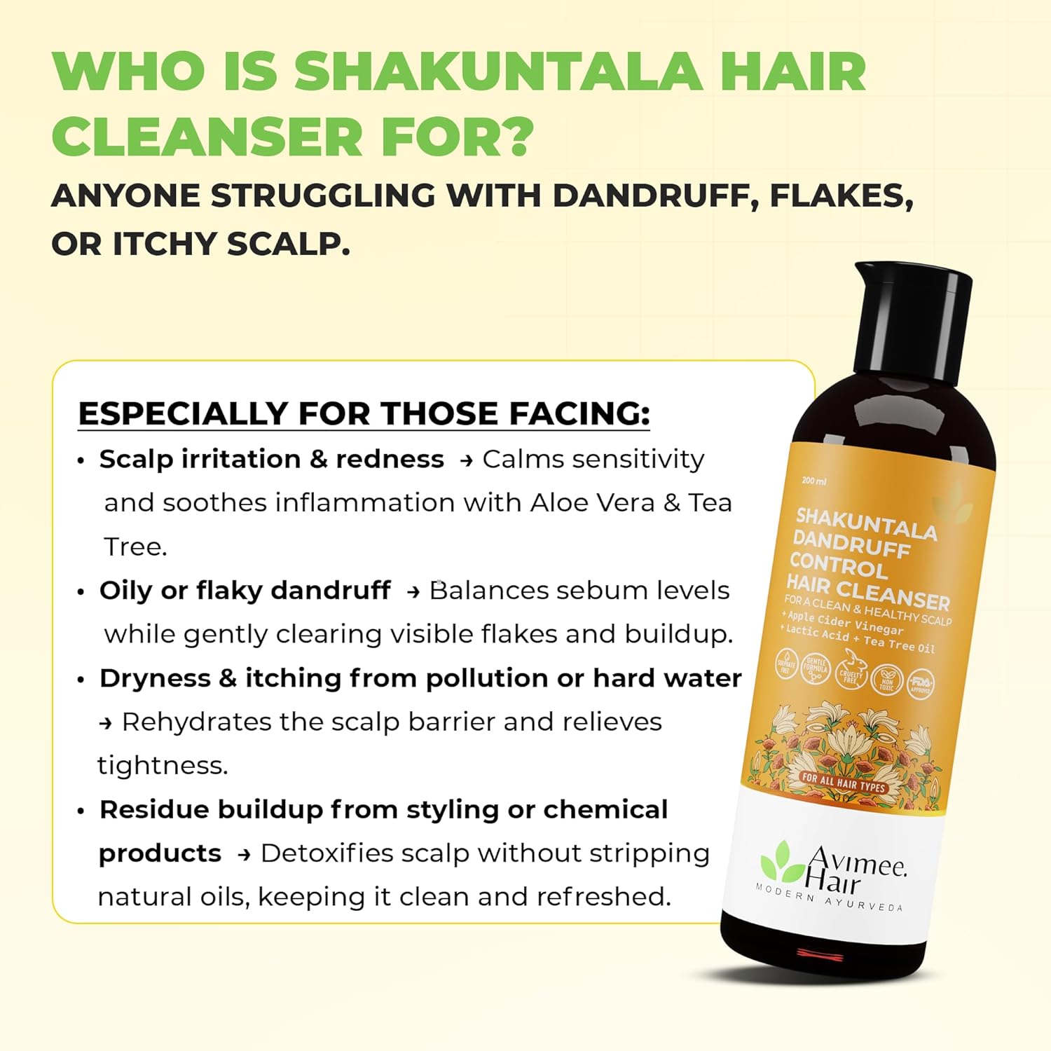 AVIMEE HERBAL Ambica Dandruff-Fighting Hair Cleanser - Nourishing Scalp Care with Aloe Vera, Apple Cider Vinegar, Tea Tree Oil & Neem Oil - 200 ml